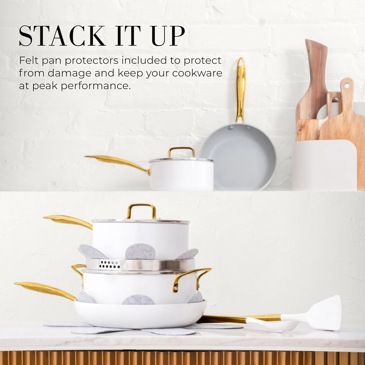 Styled Settings White Pots and Pans Set Nonstick-15 Piece Luxe White Cookware Set Non Toxic,Oven Safe,Induction Safe Cooking Pot with Strainer Lid,Gold Cooking Utensils,Gold Pots & Pans��