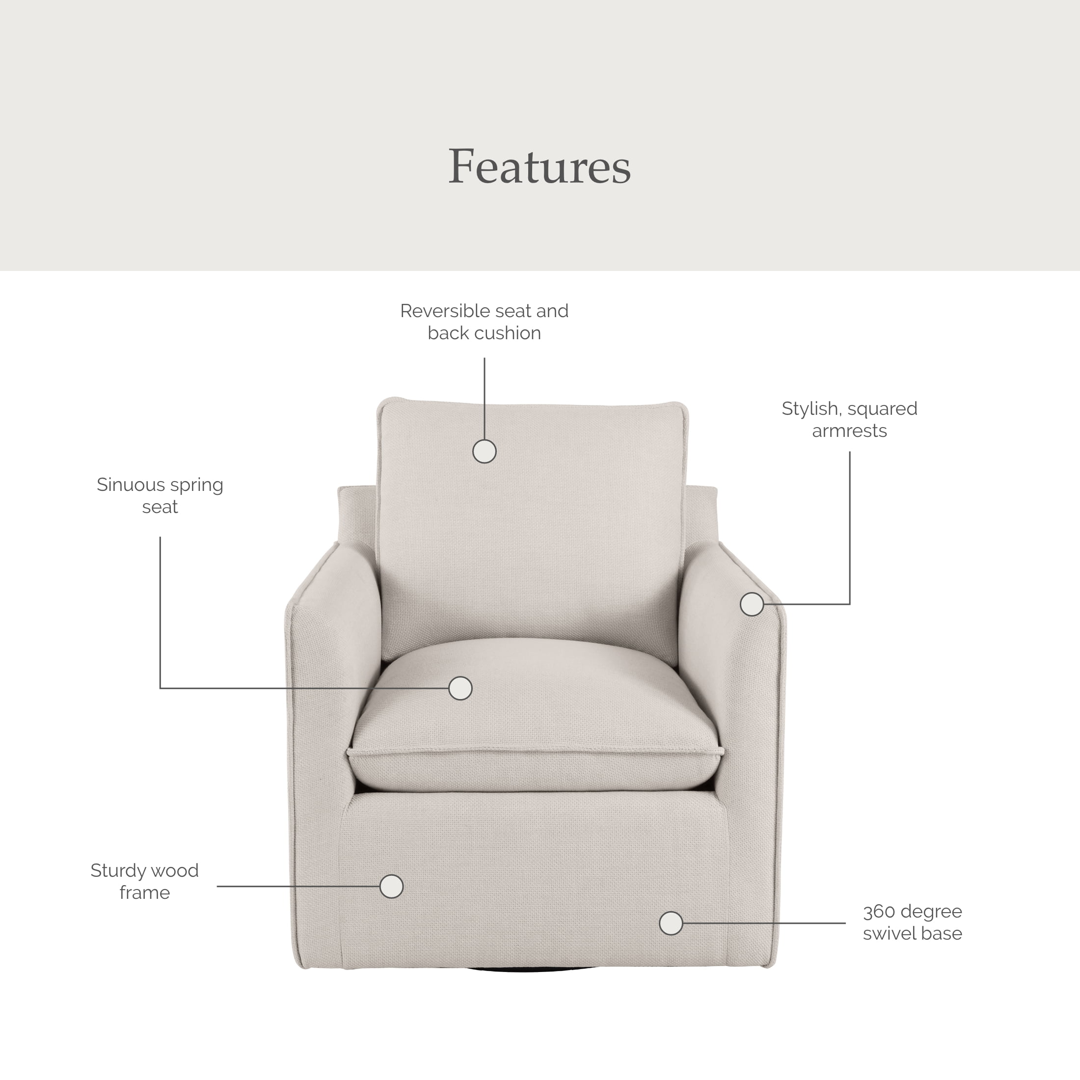 My Texas House Briar Swivel Accent Chair, Cream Linen