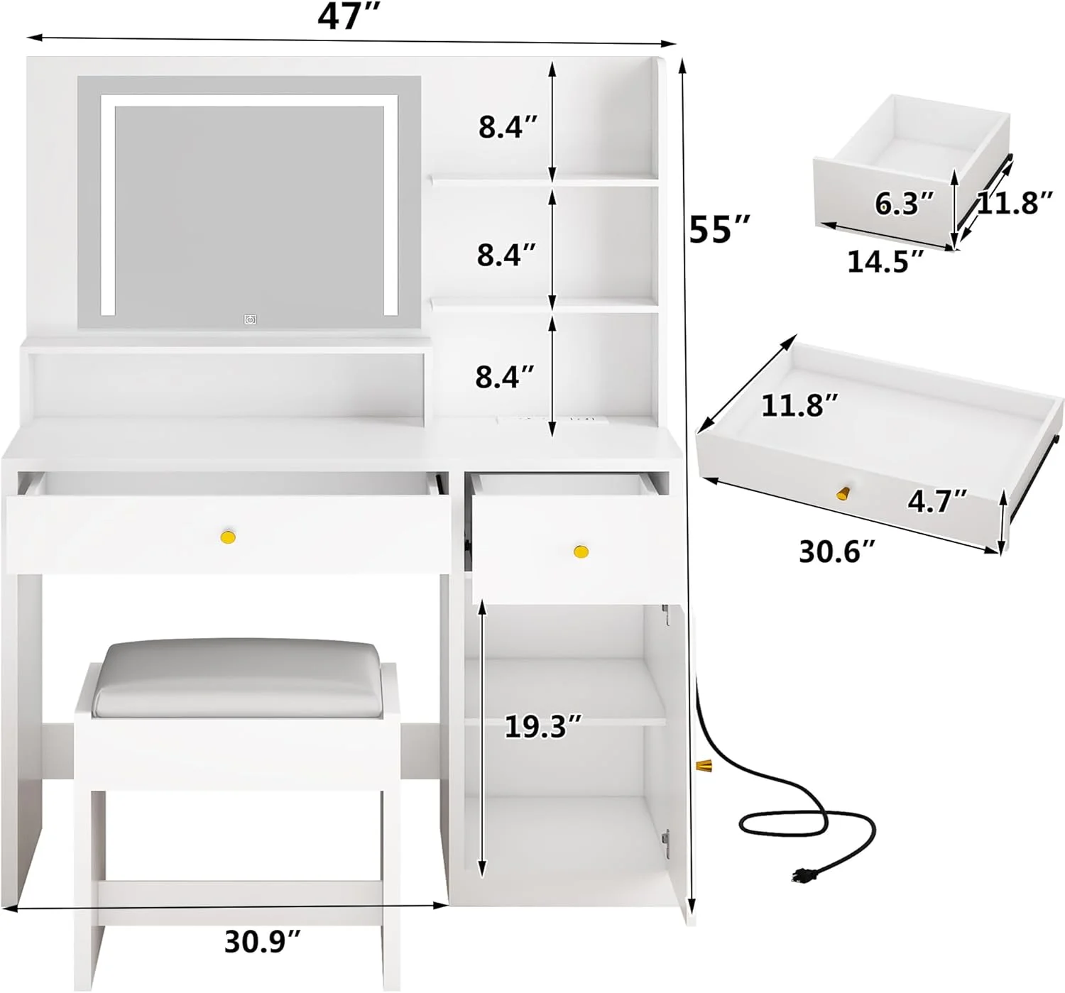 ChVans White Vanity Desk with Lighted Mirror & Charging Station, Vanity Table Set w/3 Storage Shelves,2 Drawers,Storage Cabinet & Makeup Vanity Cushioned Stool(White-37