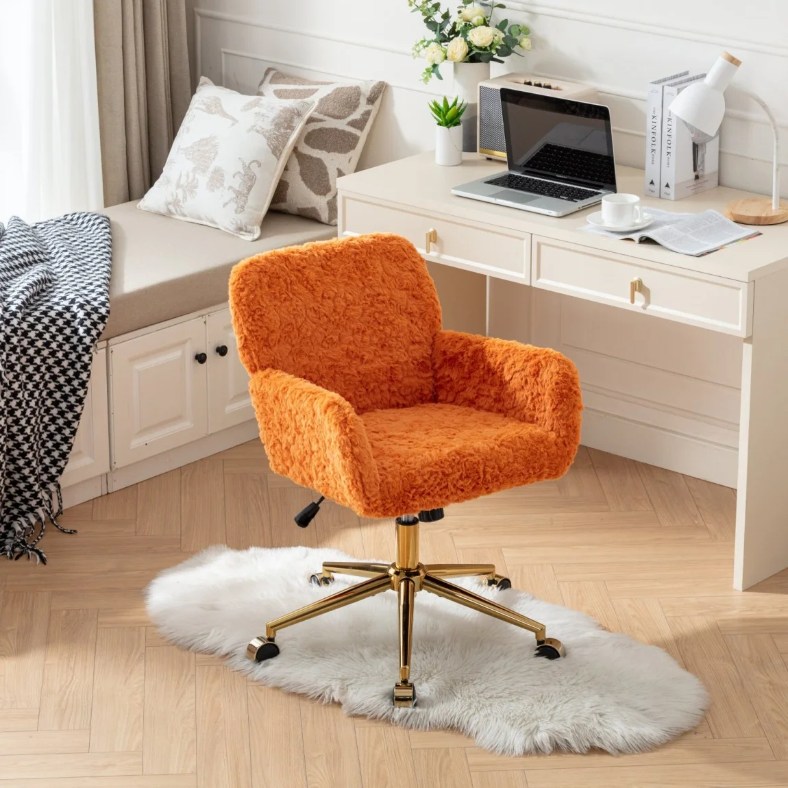 Furniture Office Chair,  Artificial Rabbit Hair Makeup Vanity Chair Chair, 360 Comfy Swivel Armchair with Wheels, Modern Height Adjustable Cute Vanity Chair for Living Room Small Spaces Pink