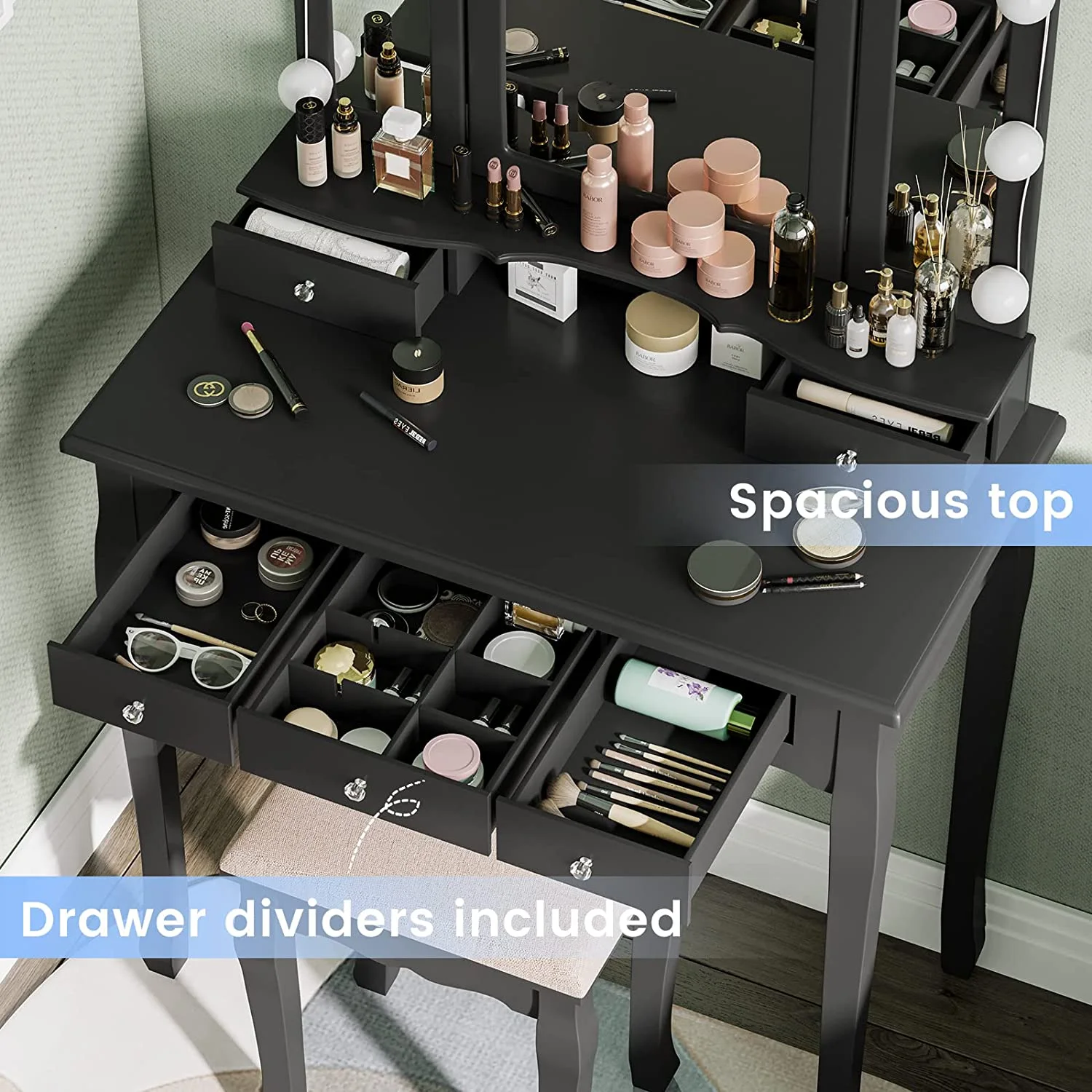 Afuhokles Vanity Table Set with Lighted Tri-Fold Mirror and Stool, Makeup Vanity Dressing Desk 5 Drawers, White