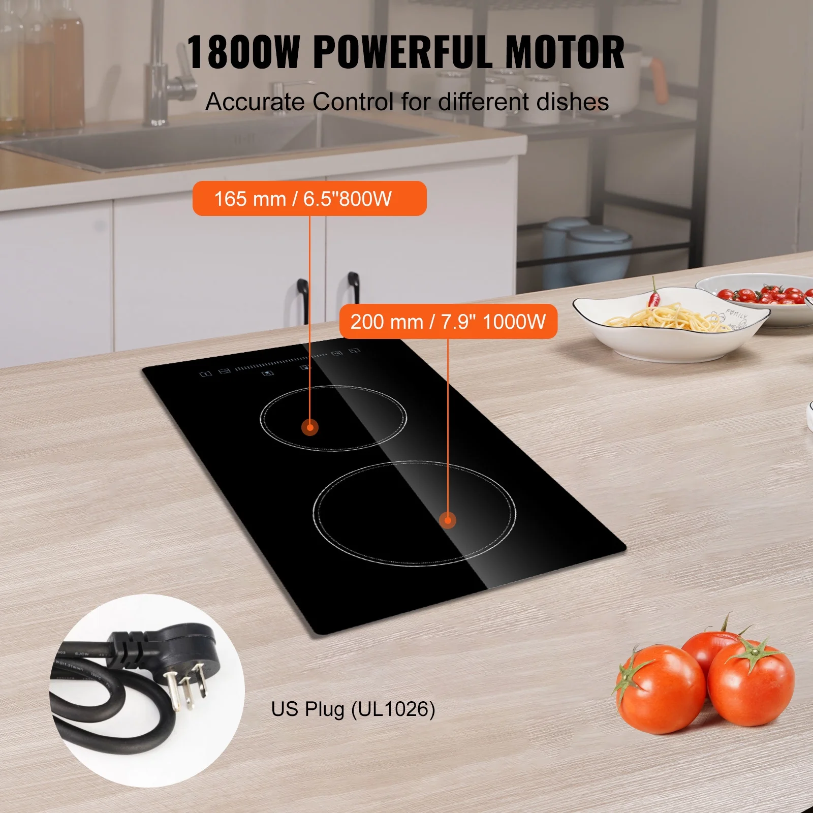 KFFKFF Integrated Electric Cooking Surface, Dimensions 20 x 11.6 inches, Dual Heating Elements, 240V Glass-based Heat Conductor with Sensitive Touch Commands, Inclusive of Timer & Safety Lock for Kid