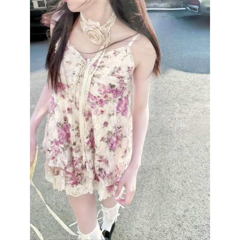 Spaghetti Strap Lace Mini Dress 2000s Women Cute Summer