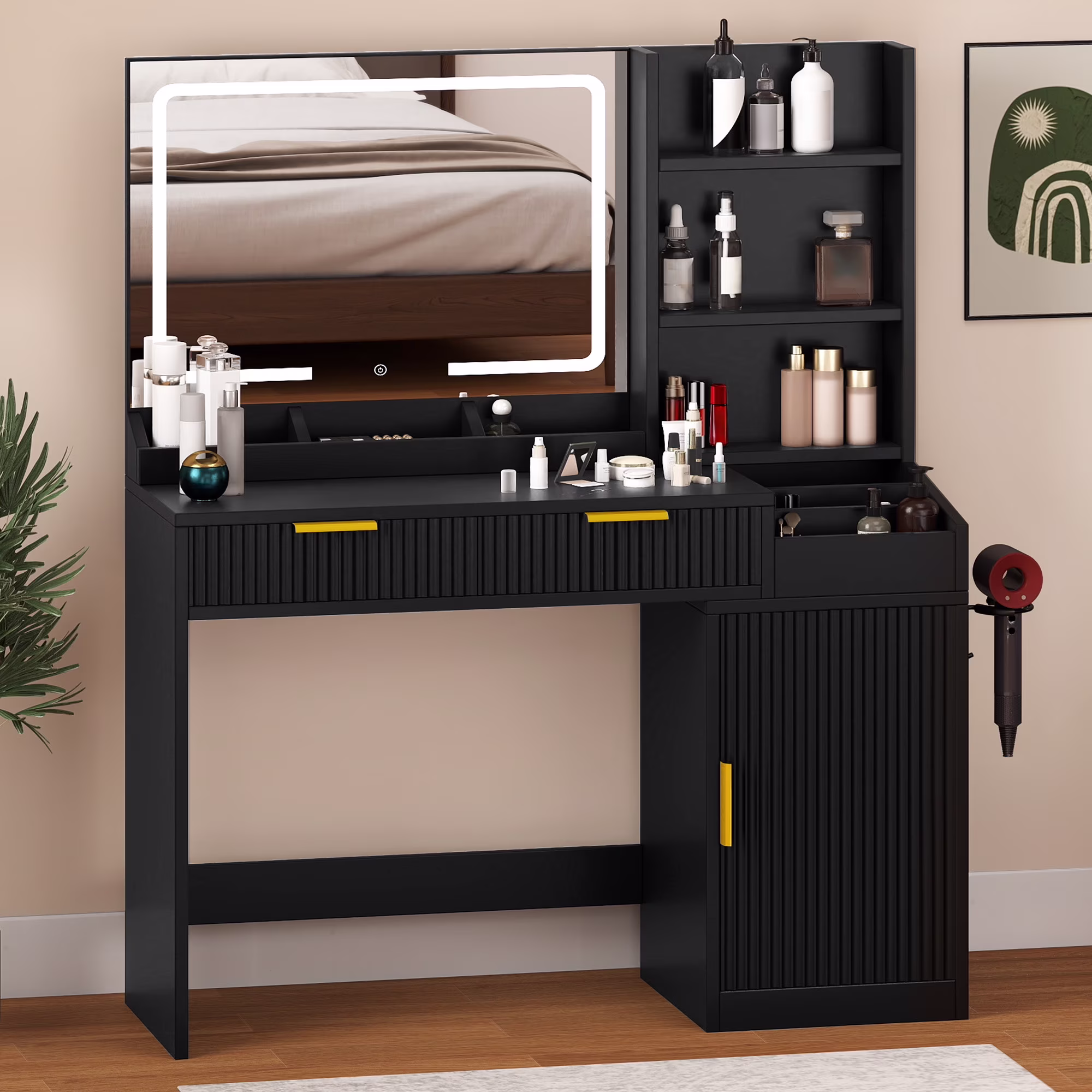 Uforic Vanity Desk with Mirror and LED Lights, Makeup Vanity Table with 2 Drawers & 11 Shelves, Makeup Table with Power Outlet for Bedroom Dressing Room,Oak