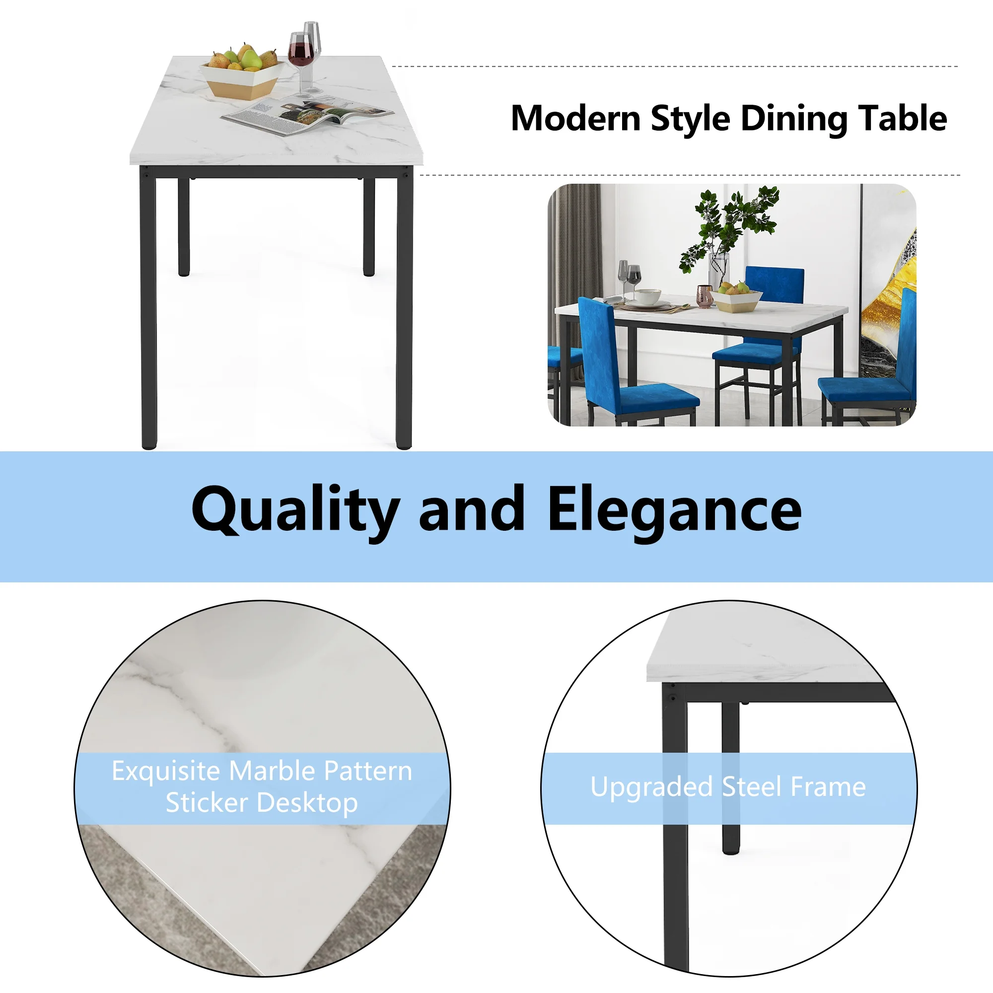 Dining Table Set for 4, Modern Marble Dine Table with 4 Velvet Chairs, Modern Kitchen Table Set for Home, Breakfast Nook, Cafeteria Dining Room, Blue