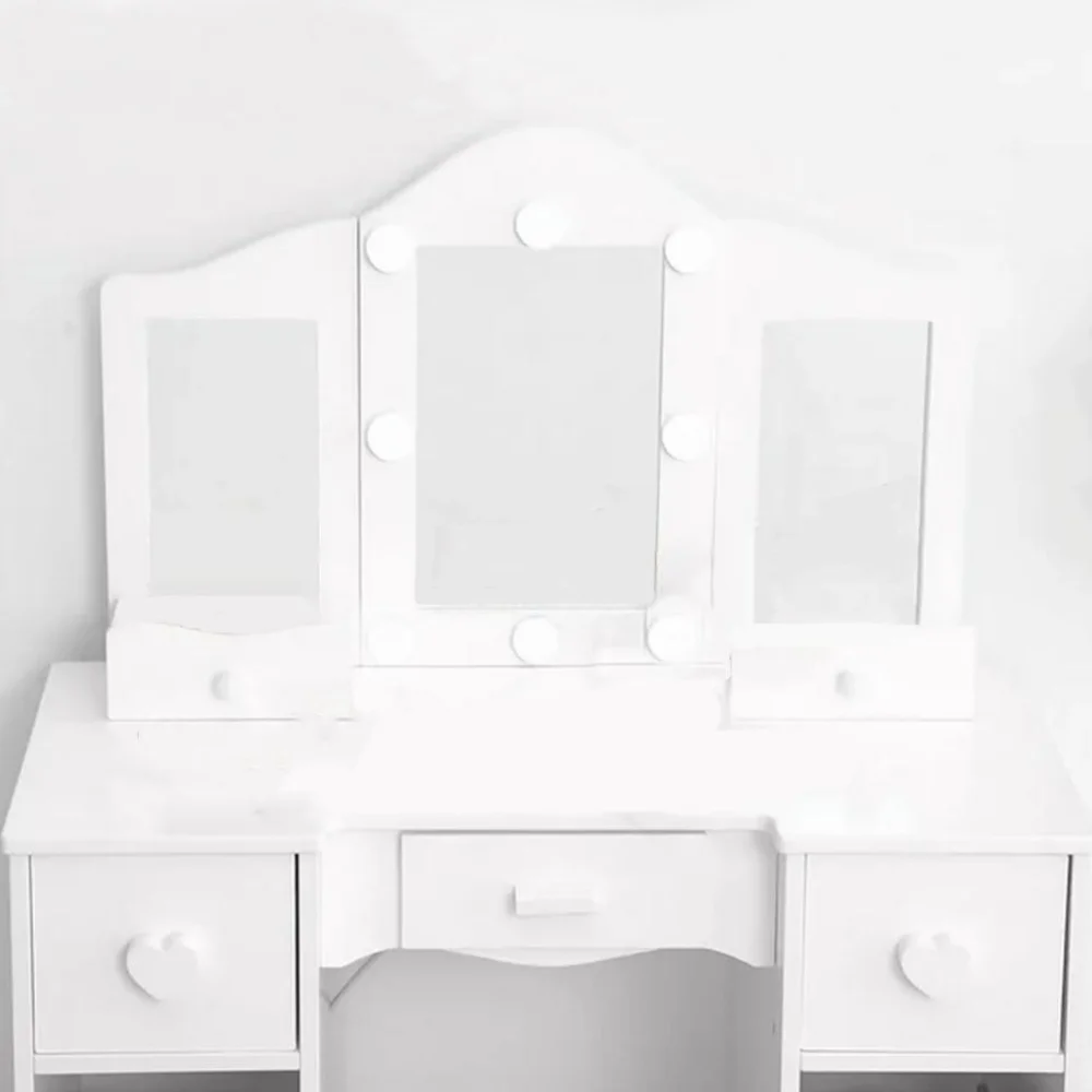 Zzistar Kids Vanity Table Set with Light, Tri-Folding Mirror, 5 Drawers and Square Stool, Wood Makeup Desk Dressing Table with Open Storage Shelves and Detachable Top