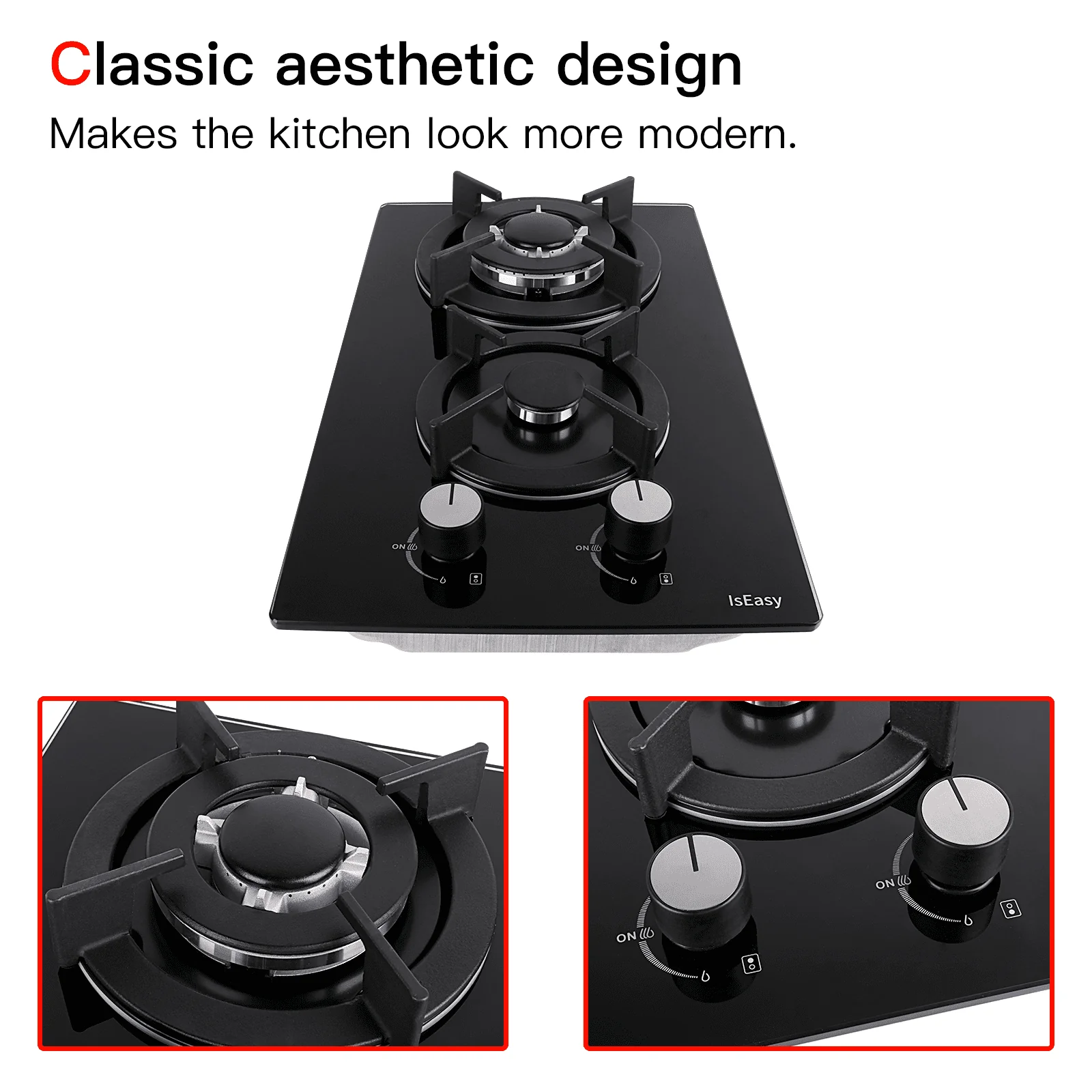 IsEasy Tempered Glass Gas Cooktop, 12” 2 Burners 120V Built-in Gas Hob Suitable For Dual Fuel LPG/NG, Thermocouple Protection