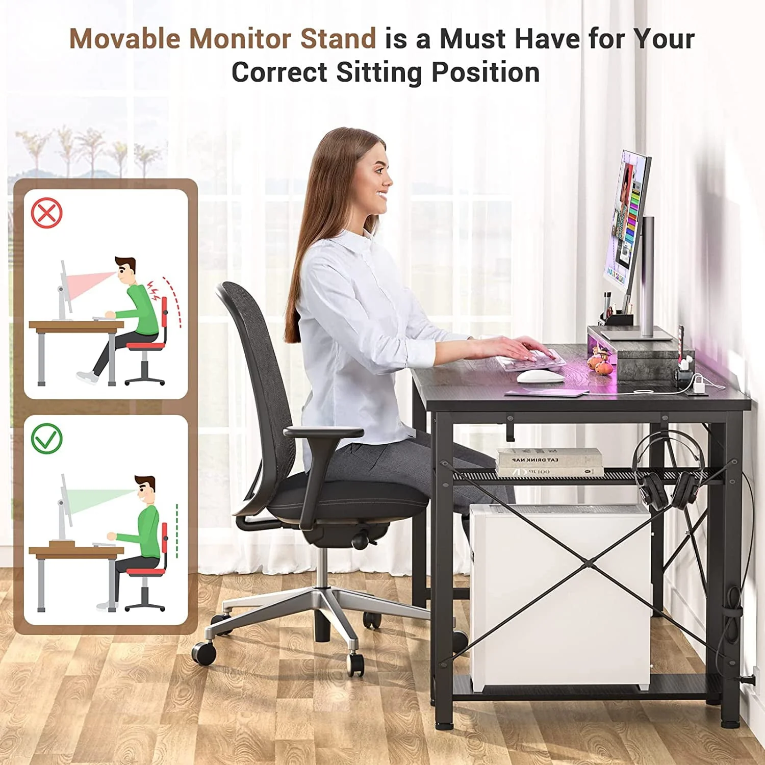 Homieasy Computer Desk with Power Outlet and USB Ports, 40 inch Reversible Ergonomic Gaming Desk with Monitor Stand and LED Strip, Small Desk Office Desk Writing Desk with Storage, Grey and Black