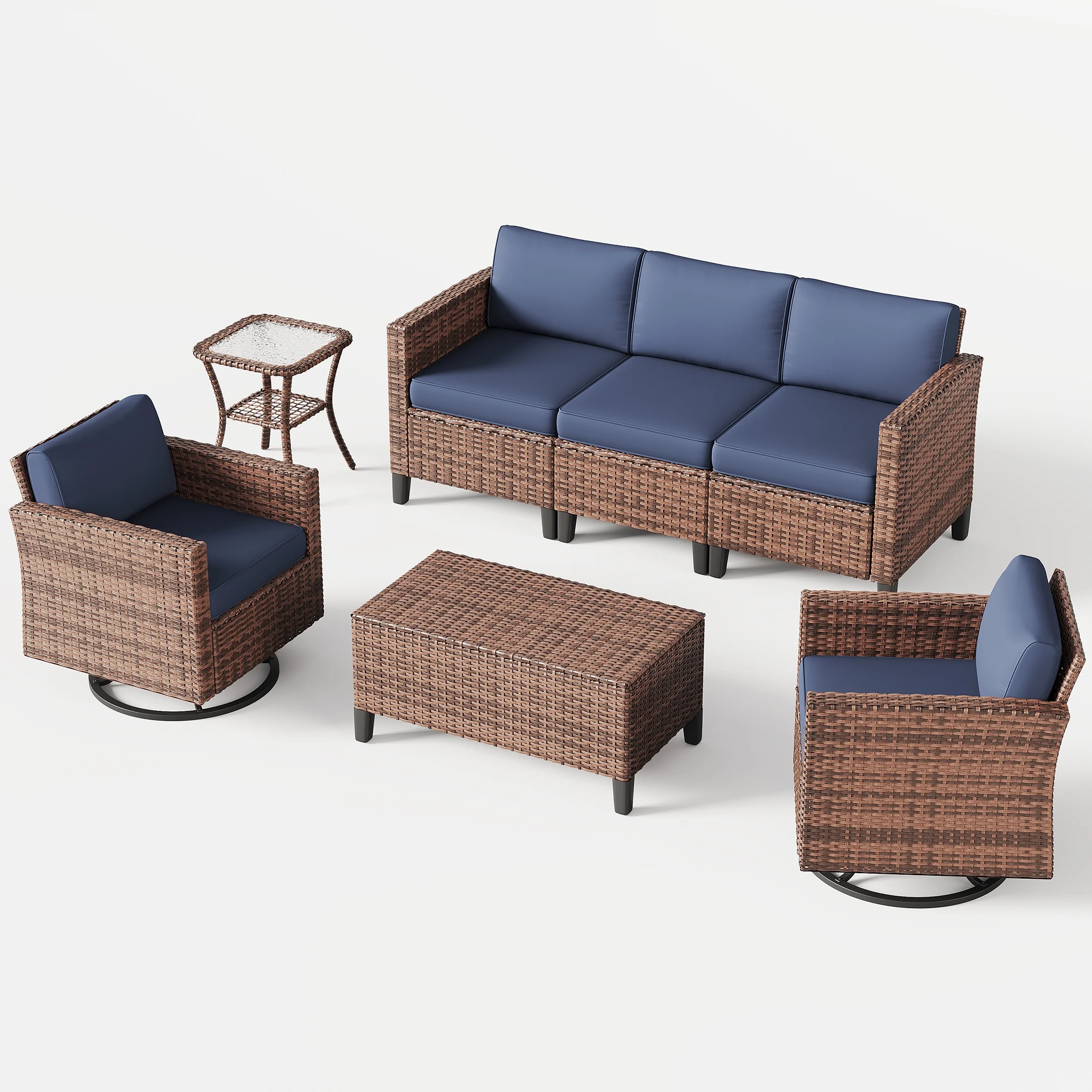 Poteban Outdoor Patio Furniture Set, Rocking Swivel Chair, 9 Pieces Wicker Rattan Sectional Furniture for Backyard (Grey)