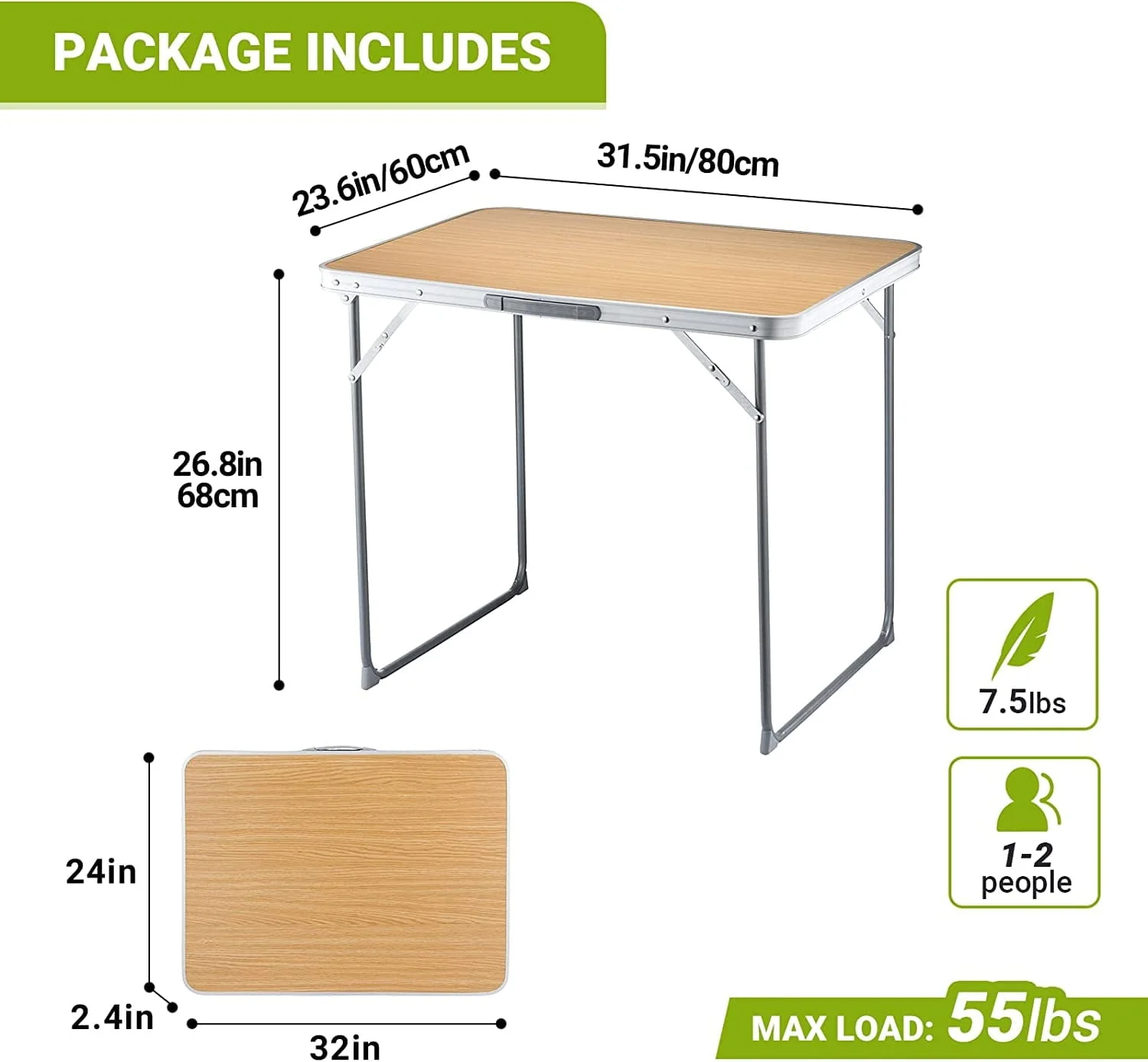 FUNDANGO Folding Camping Table Portable Outdoor Picnic Tables Waterproof Durable Lightweight Fold Desk with Handle 31.5