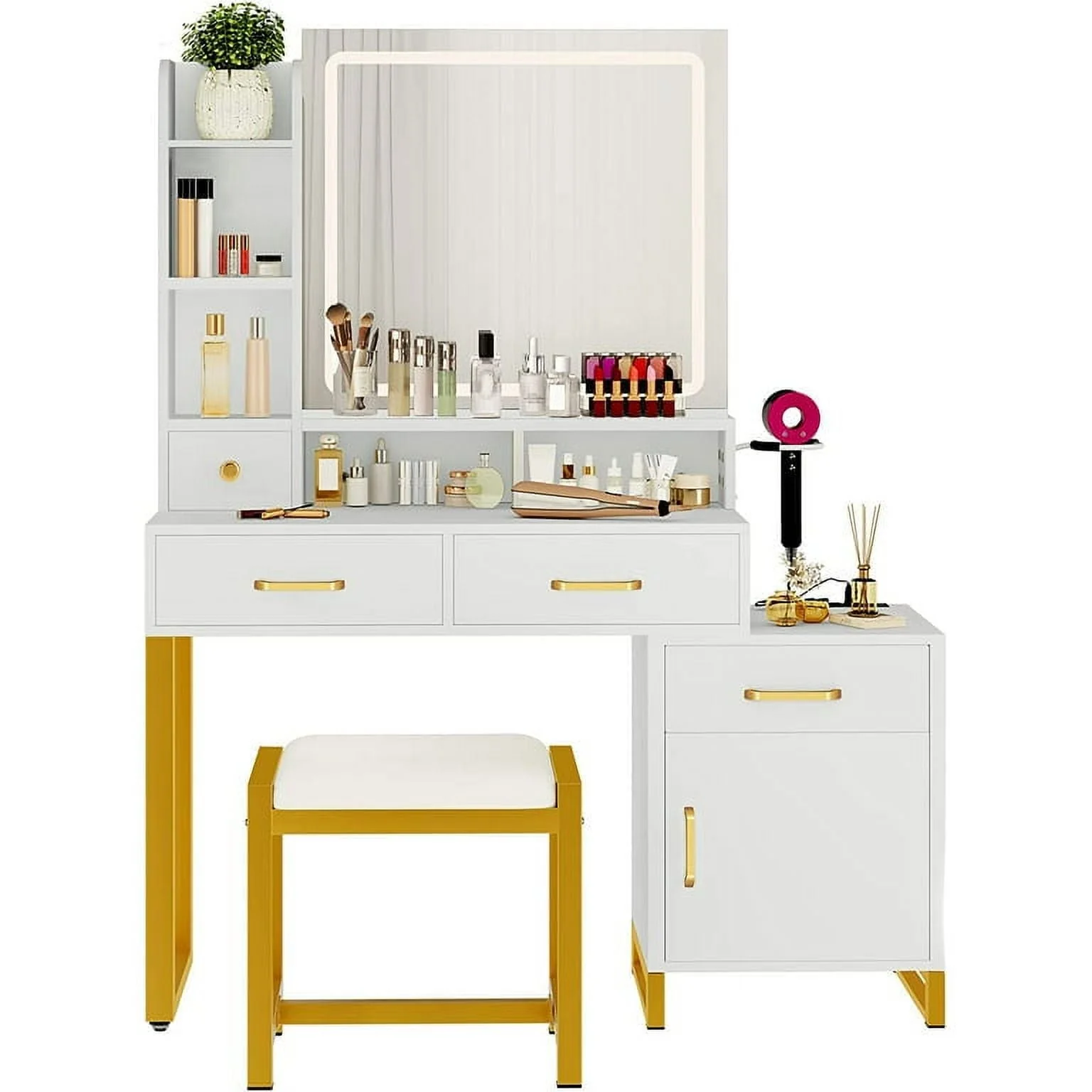 Dextrus Vanity Desk with Mirror and Lights, Makeup Vanity with Lights and Drawers, Vanity Mirror with Lights and Table Set, 3 Color Adjustable Lighting Brightness & Power Outlet, White