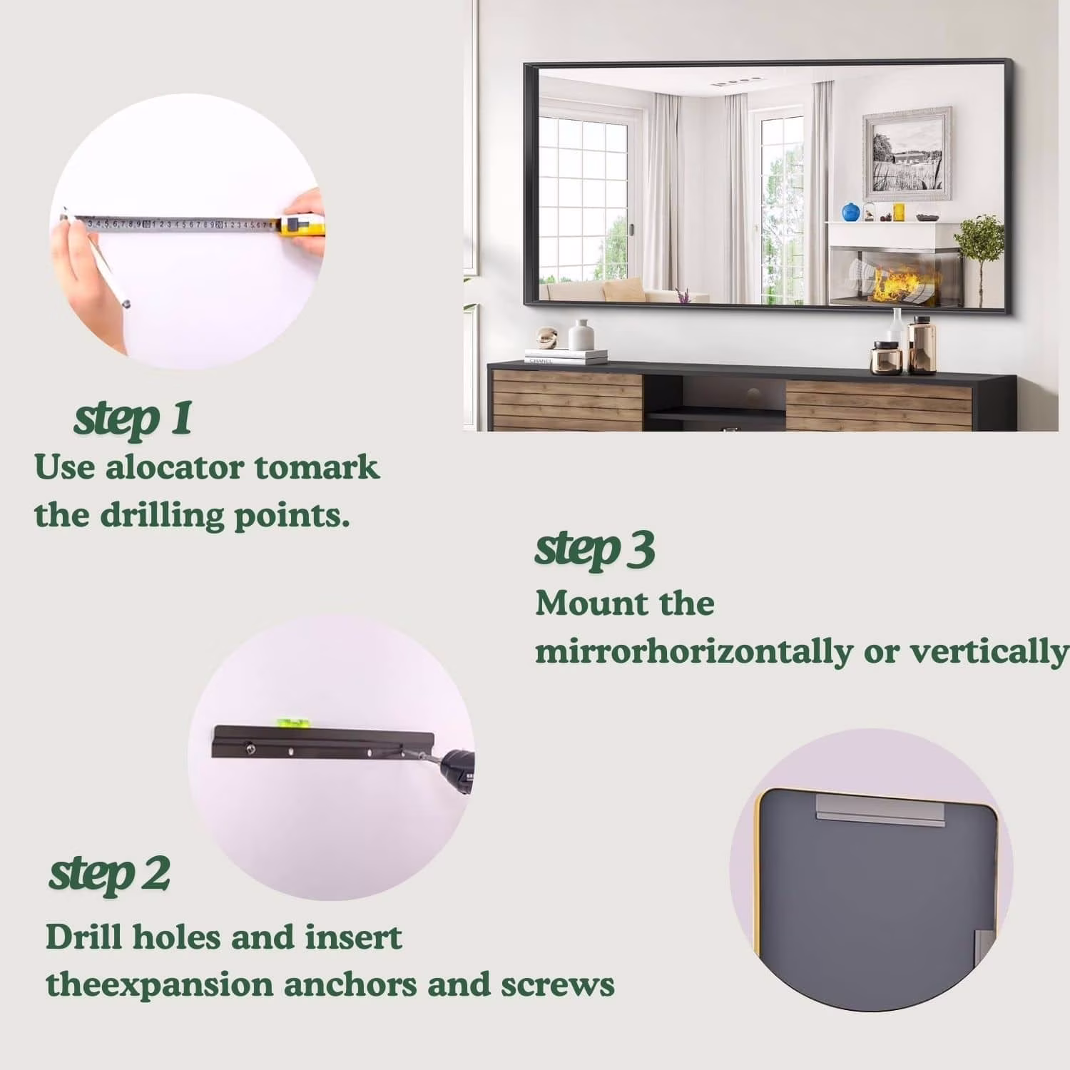 Organnice  Rectangular Mirror Modern Black Frame Bathroom Vanity Mirror Clean Glass 60