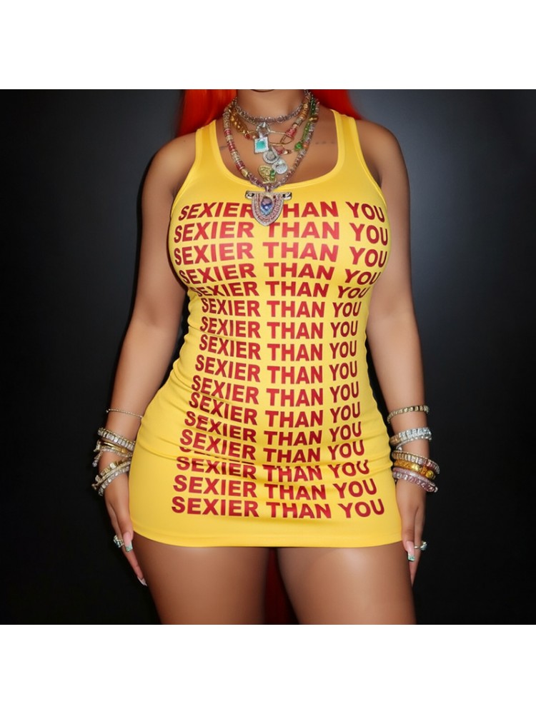 Letter Printed Sleeveless I-Shaped Mini Dress