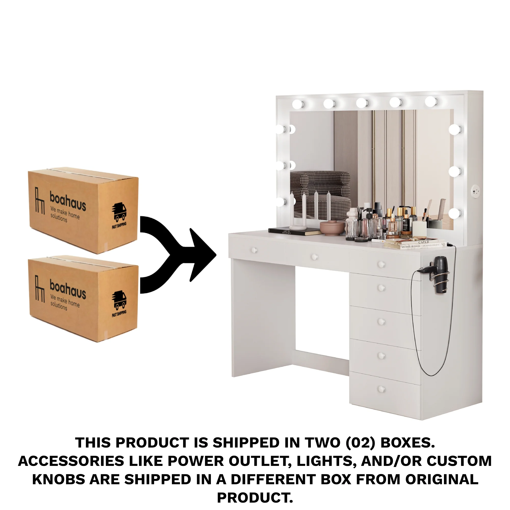 Ember Interiors Peggy Vanity Desk with Lighted Mirror and USB Ports