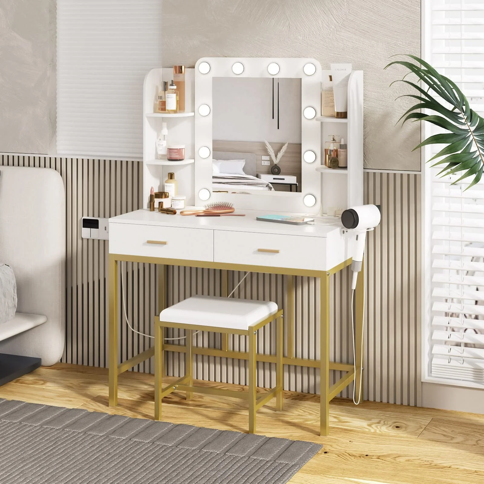 Makeup Vanity with Lighted Mirror & Power Strip, White Vanity Set Vanity Desk with Hair Dryer Holder, Modern Makeup Vanity 3 Lighting Colors, Brightness Adjustable, 35.5in(W)