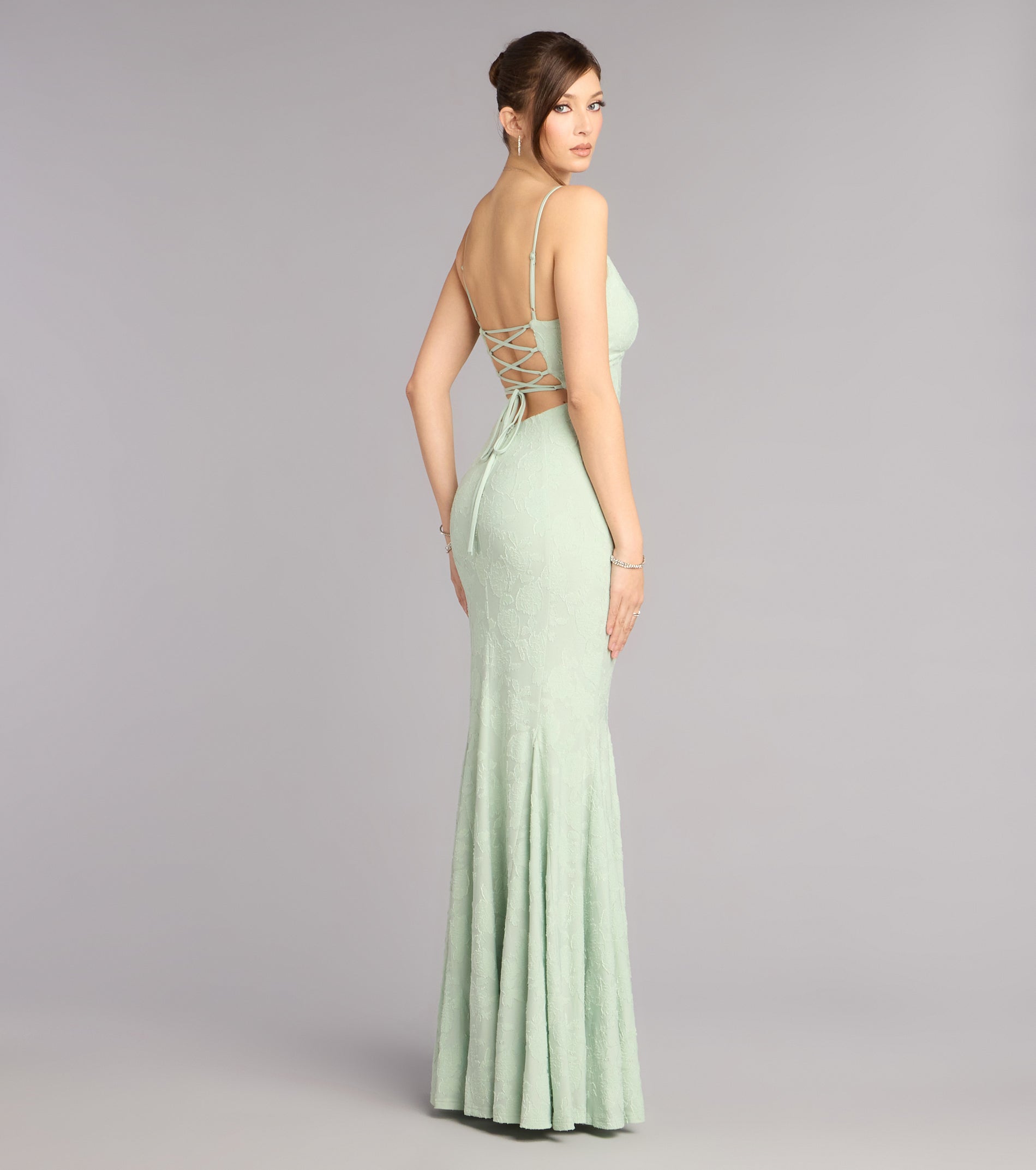 Ornate Floral Jacquard Lace-Up Mermaid Dress