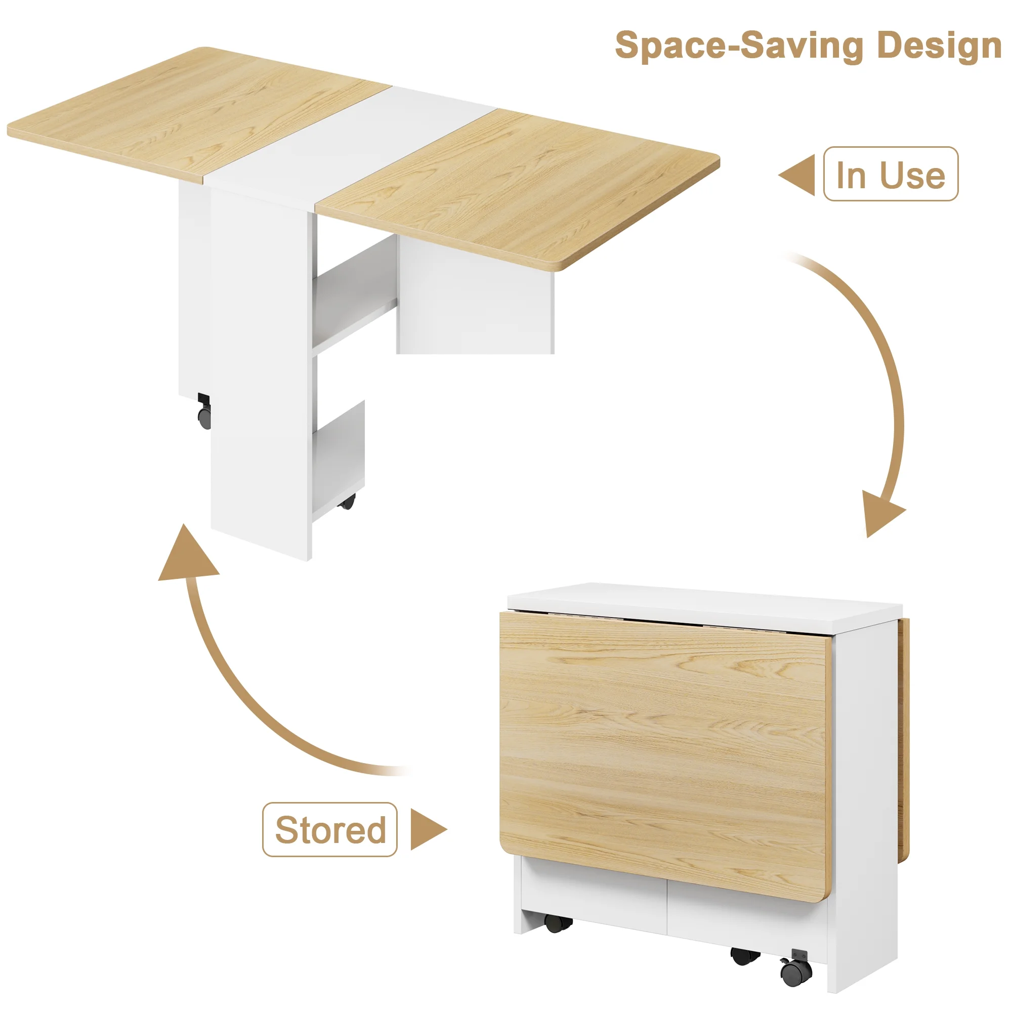 Danolapsi Folding Dining Table,Dinner Table with Wheels and 2-Layer Storage Shelf,Farmhouse Wood Kitchen Dining Room Tables Set for 4, Expandable Rectangle Dinner Kitchen Office Furniture