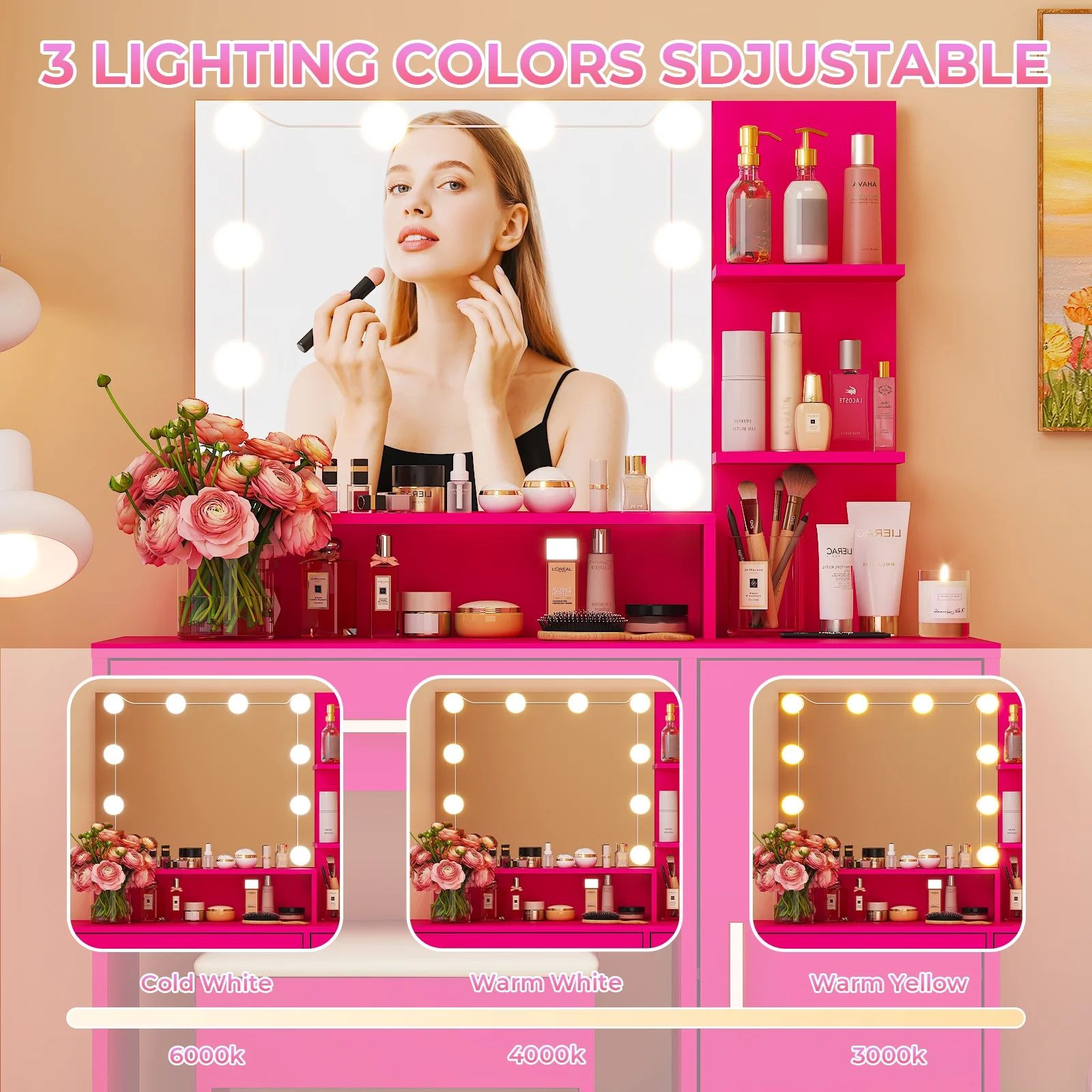 Ktaxon Vanity Set with 3 Color Lighted Mirror, Makeup Table with 3 Storage Shelves & Drawers, Dressing Table Makeup Desk with Stool,White