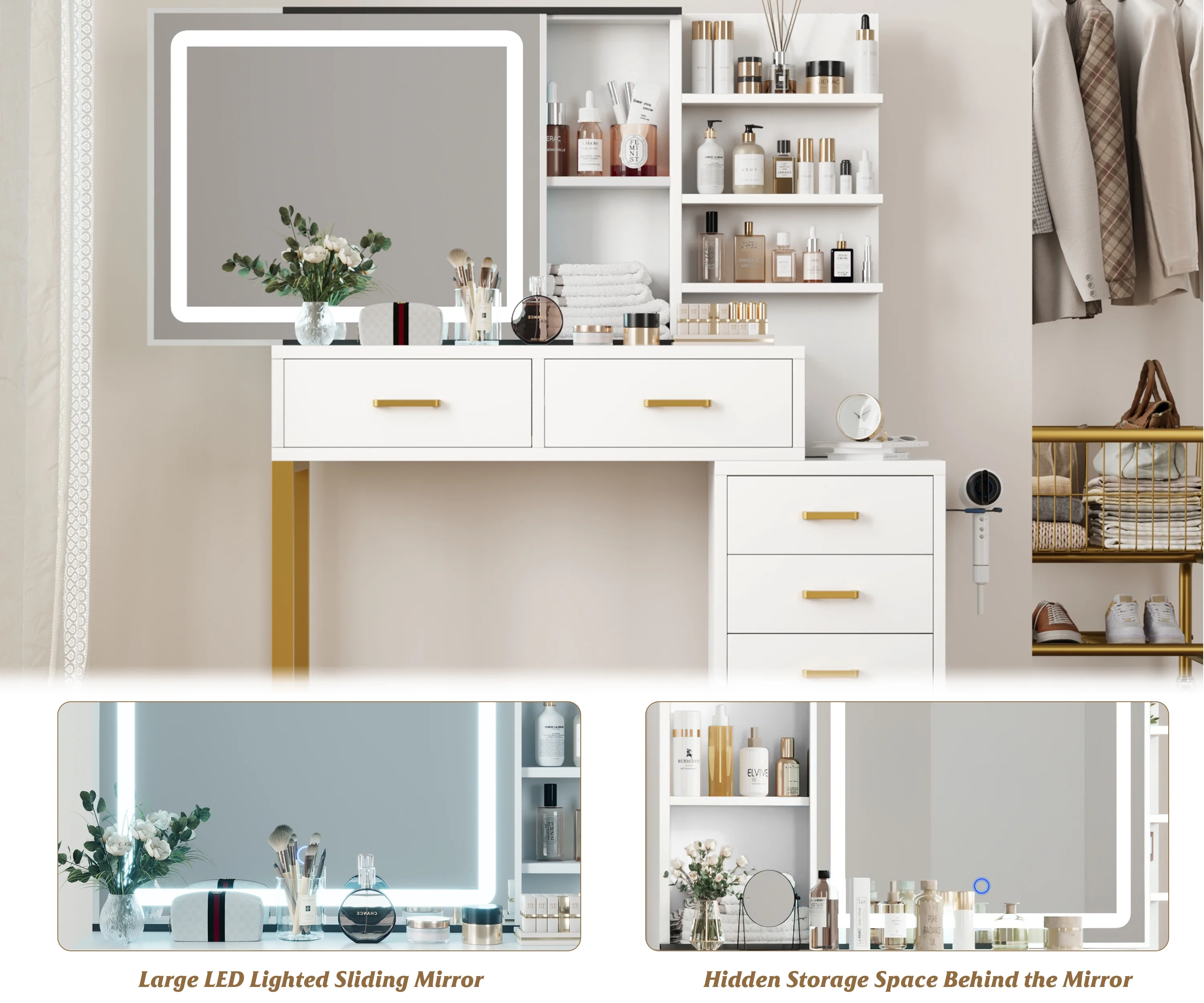 Vanity Desk with Adjustable LED Lighted Sliding Mirror,Makeup Vanity with 5 Drawers&Open Shelves for Bedroom