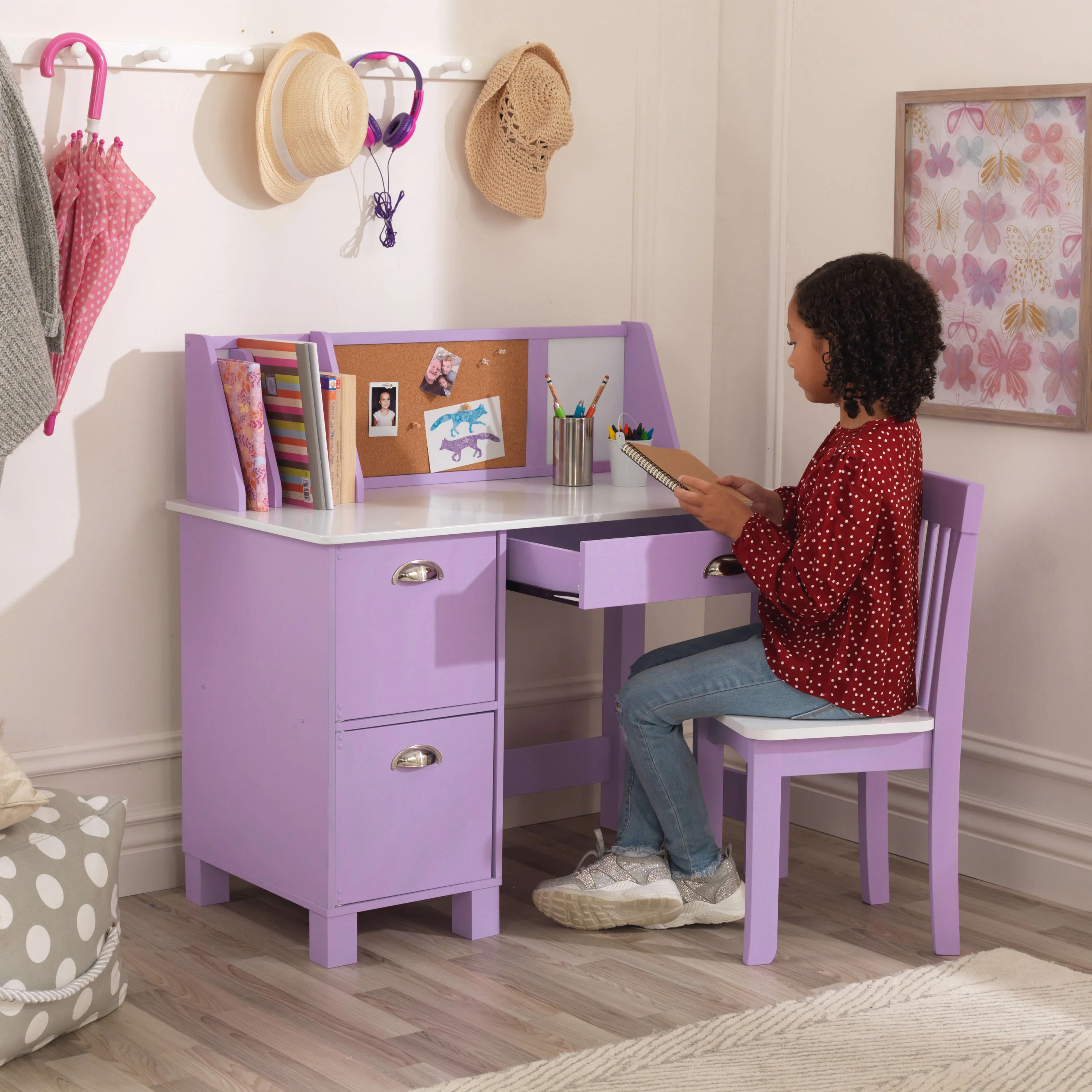 KidKraft Children's Wooden Study Desk with Chair, White, for Ages 5