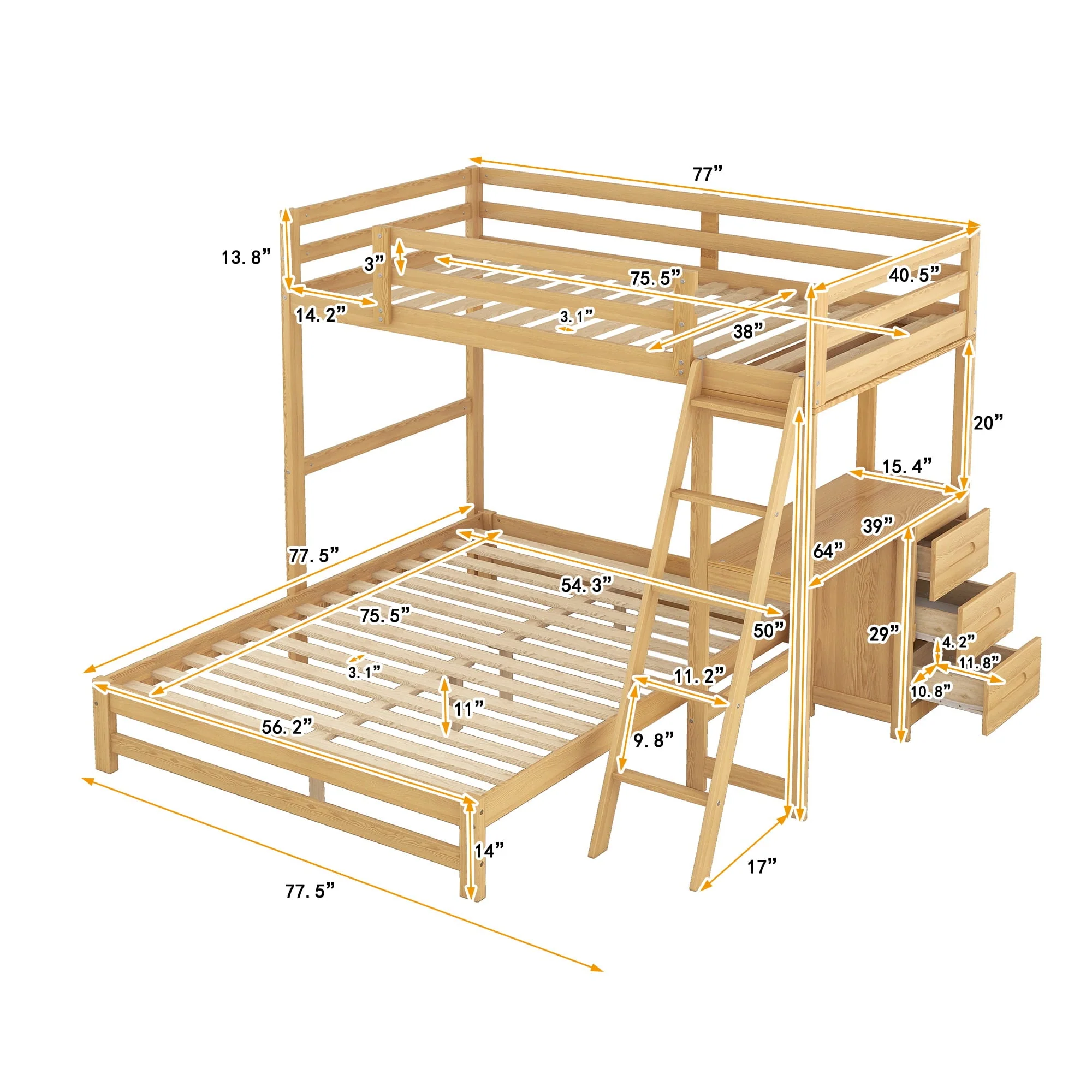 EUROCO Twin over Full Bunk Bed with Desk and Drawers for Kids, Natural