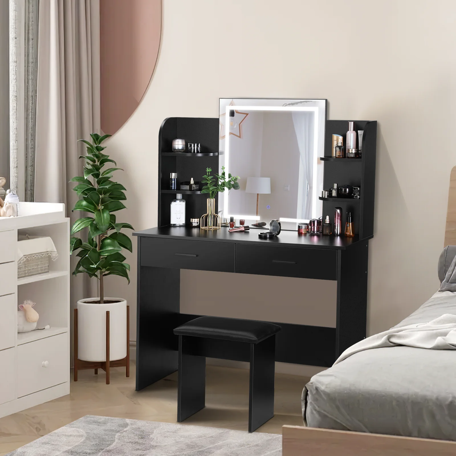 RichYa Modern Makeup Vanity Set with Lights Mirror and Drawers,White Makeup Desk,Dressing Table