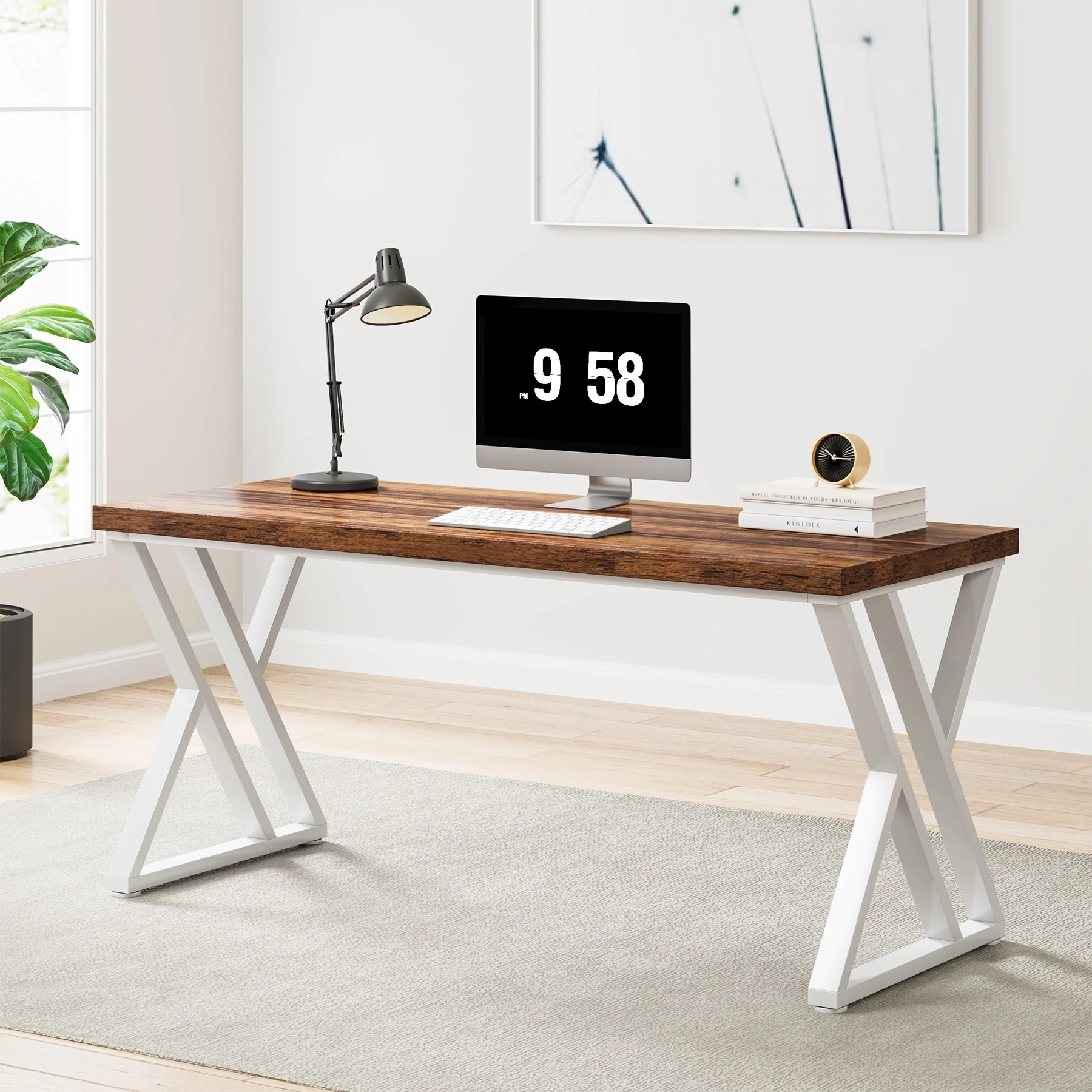 Heavy Duty Study Desk with Z-Shaped Metal Leg, Modern Simple Home Office Computer Desk, Rustic Brown