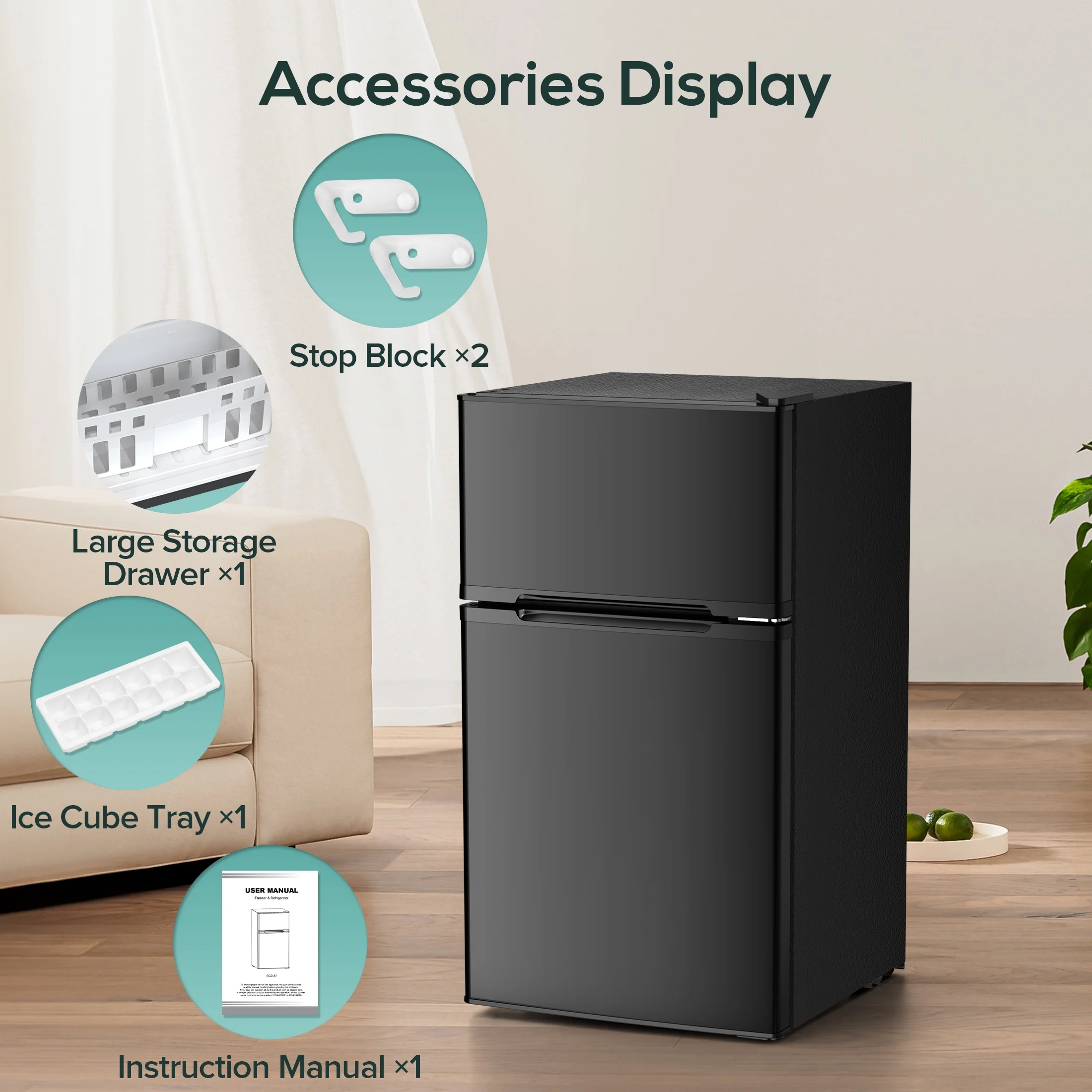 Moifoi 3.2 Cu.Ft Two-Door Compact Refrigerator, Stainless Steel Door, Black
