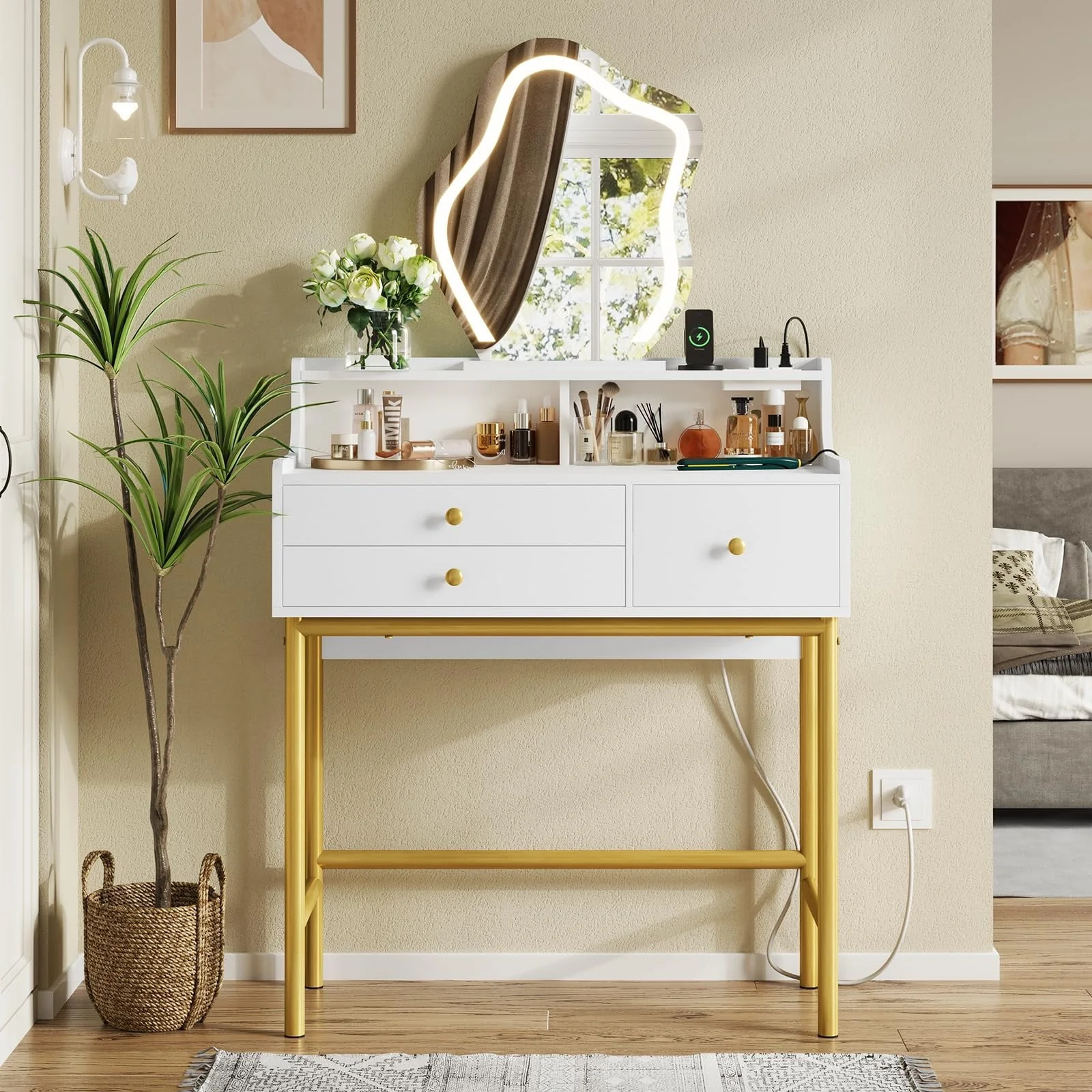 Tiptiper Makeup Vanity with Lights and Charging Station, Vanity Desk with 3-Color Touch Screen Lighted Mirror, White