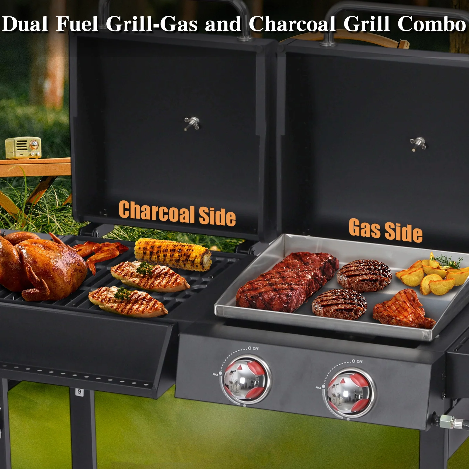 2 Burner Gas and Charcoal Combo Grill, 21,000 BTU Output Outdoor Barbecue Grill with Cast Iron Grates and Versatile Mini Grill Pan, Perfect for Outdoor Cooking, Balcony, Backyard, Camping, BBQ Grill