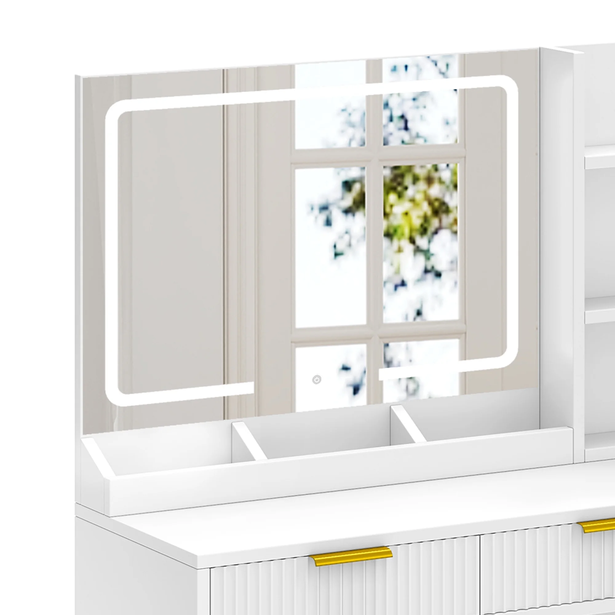 Craftian White Makeup Vanity Desk with Large Mirror and Lights, Dressing Table with 2 Storage Drawers & Power Outlets