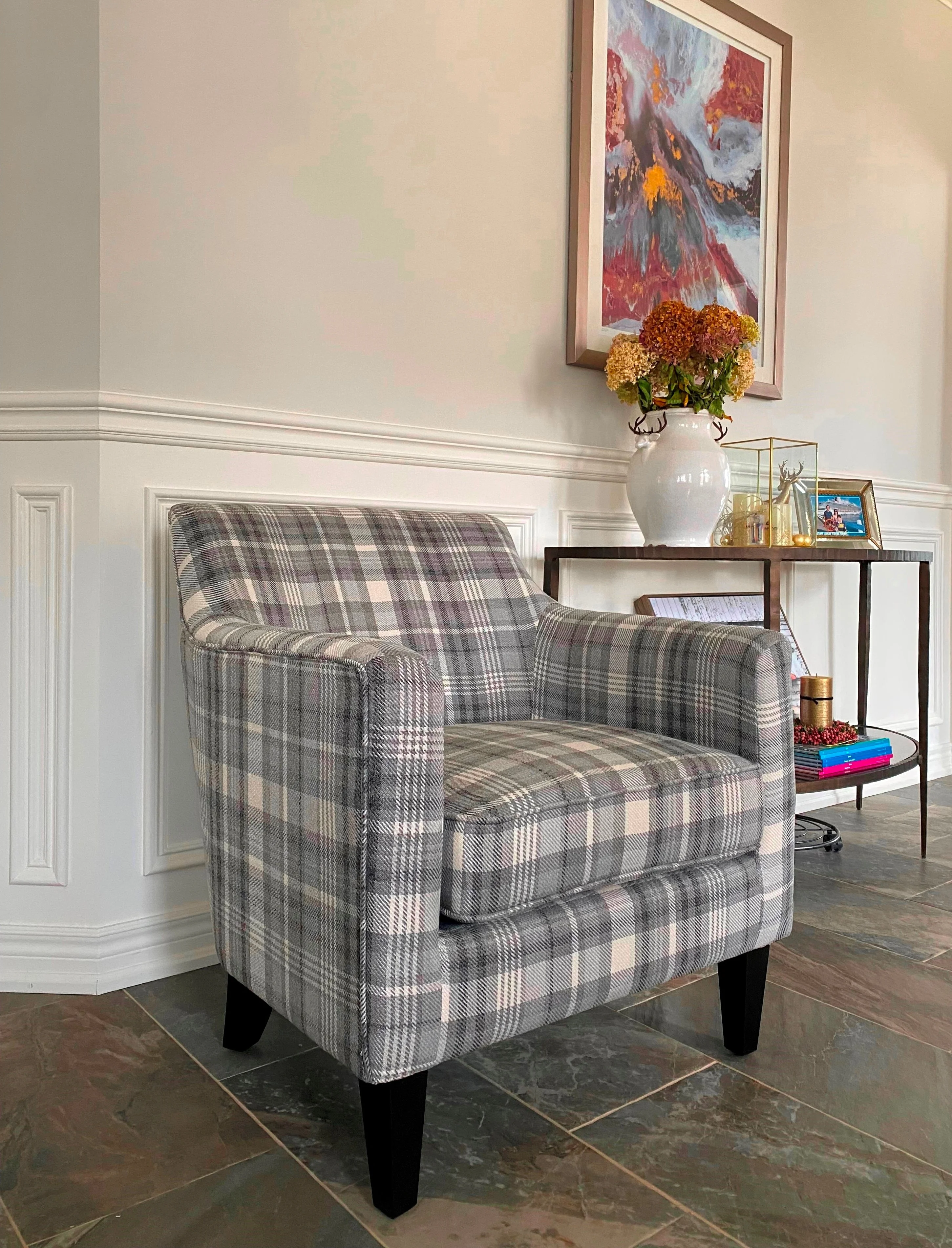 Gray Plaid Fabric Upholstered Bronte Accent Arm Chair Club Chair in Modern Living Room, Bedroom, Office Chair