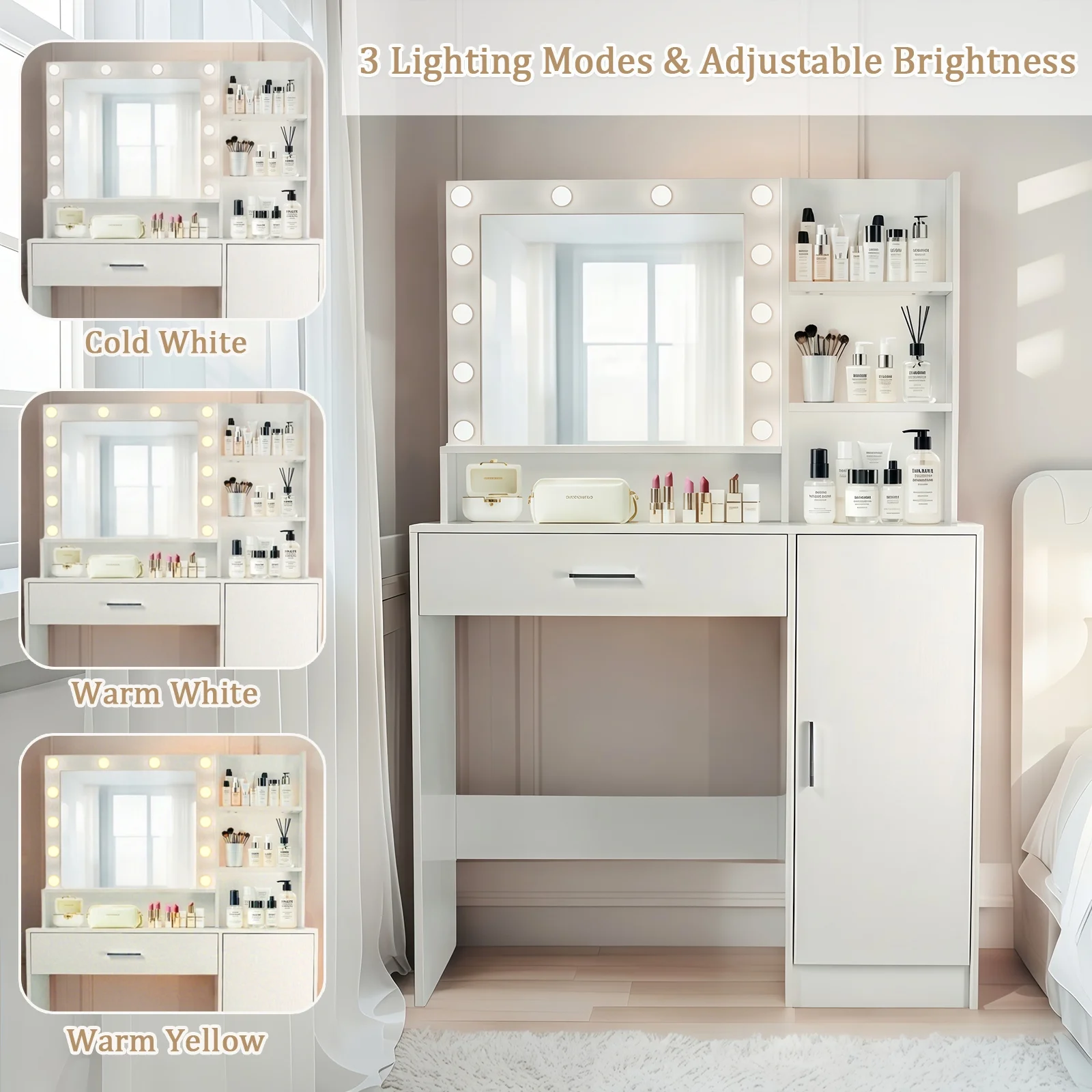 Vanity Desk with Mirror and Lights, Makeup Vanity with Drawer & Storage Cabinet, 3 Lighting Modes Adjustable Brightness, Makeup Desk with Open Shelves for Bedroom, Dressing Room, White