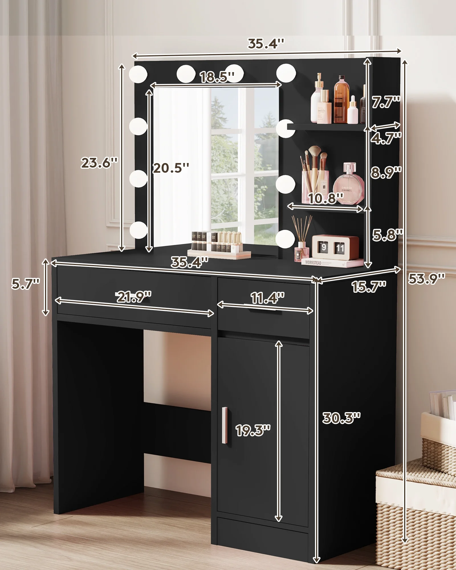LIVELYGLOW Vanity Desk with Mirror and Lights, Makeup Vanity with Drawer & Storage Shelves, Cabinet, 3 Lighting Modes Adjustable Brightness,White