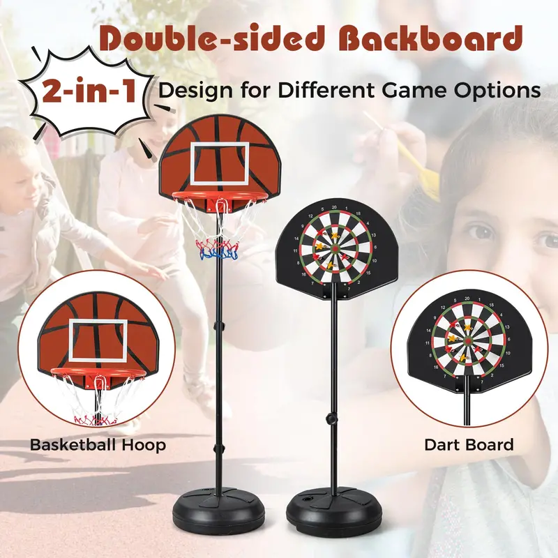 2-in-1 Toddler Basketball Hoop – Adjustable Goal with Integrated Dartboard and Fillable Base
