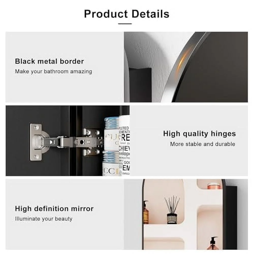 Black Arched Medicine Cabinet with Mirror, 16x31Inch, Bathroom, Modern Style, 3 Glass Shelves, Wall Mount