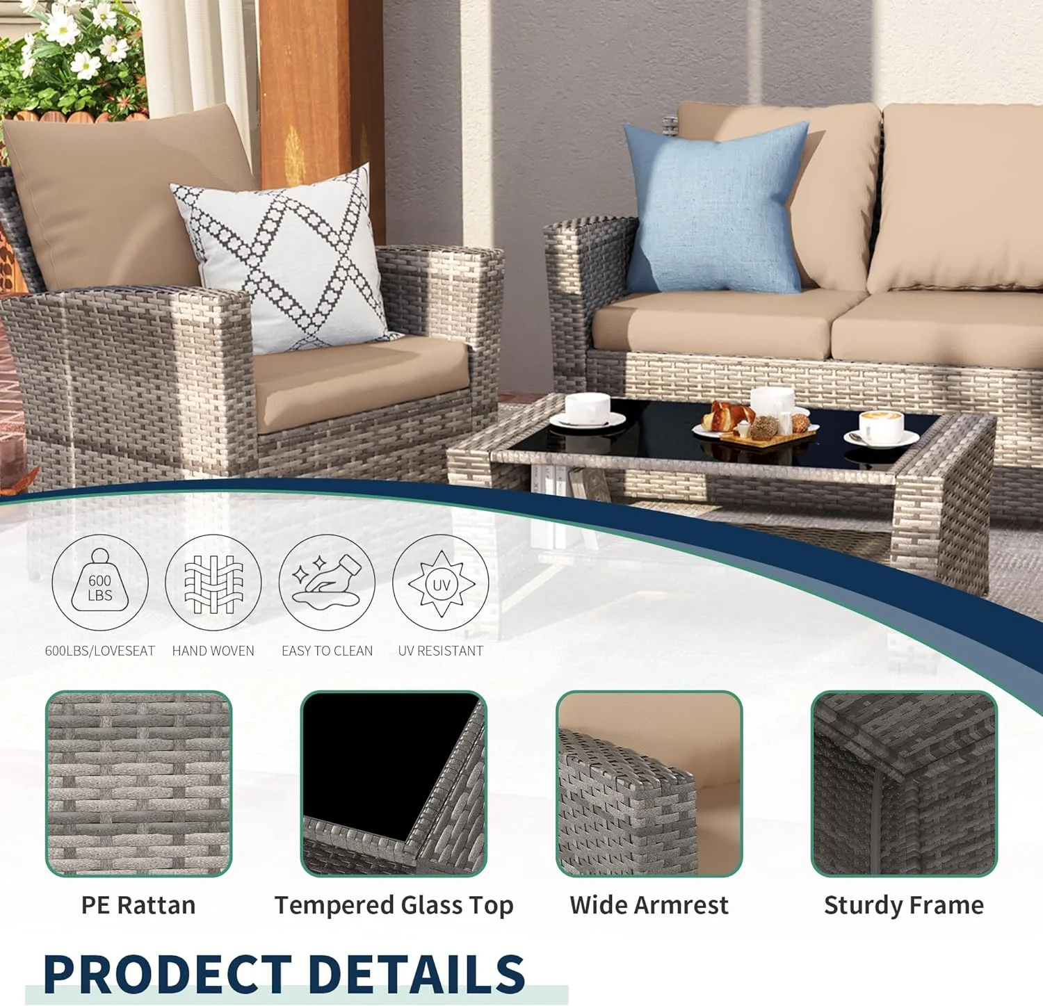 Poteban Wicker Patio Furniture Set, 4 Piece Outdoor Sectional Conversation Sets, Gray PE Rattan Patio Sofa Set for Balcony, Porch, Backyard, Grey