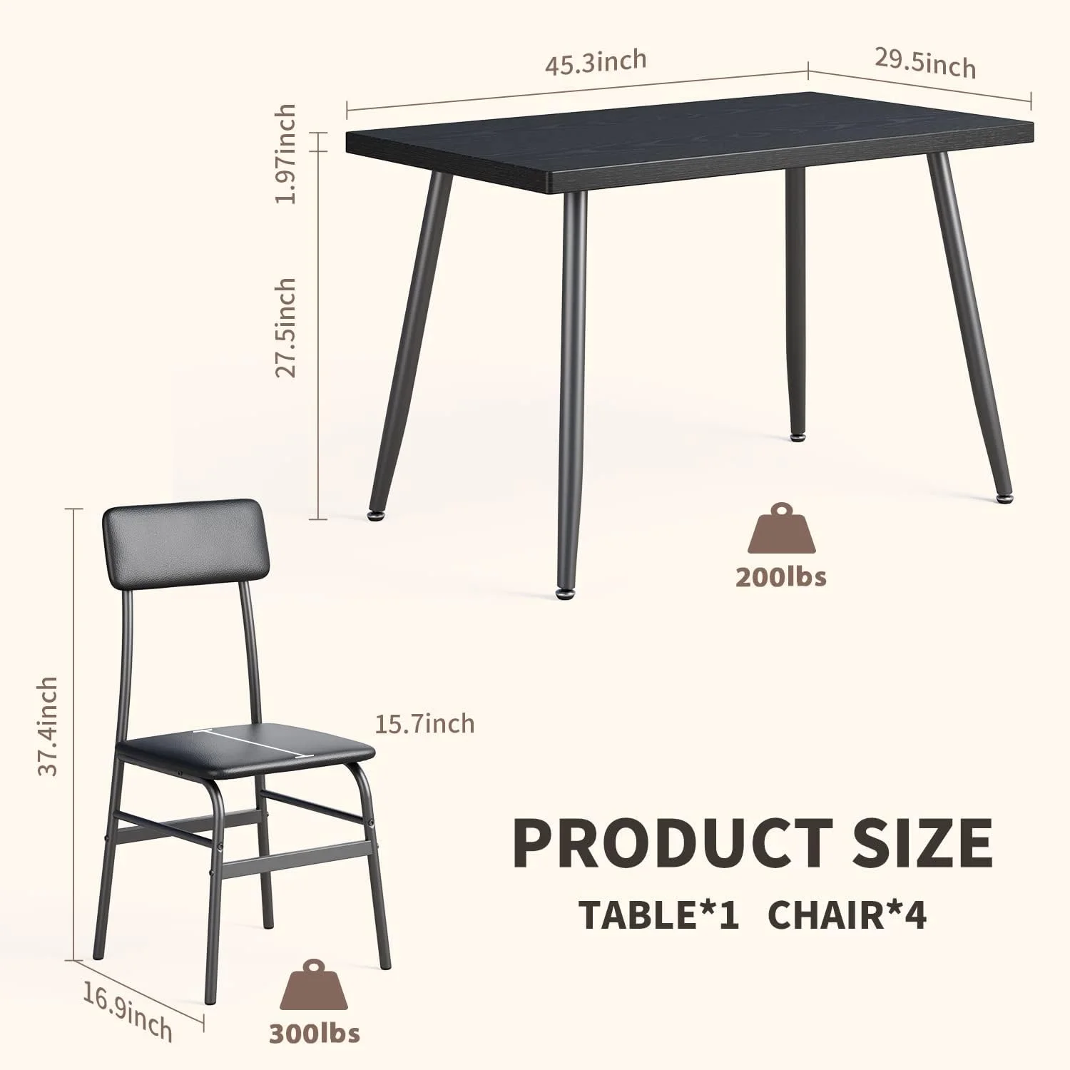 Dining Table Set for 4, Lofka 5 Piecs Kitchen Table and Chairs Set for Dining Room & Kitchen, Black