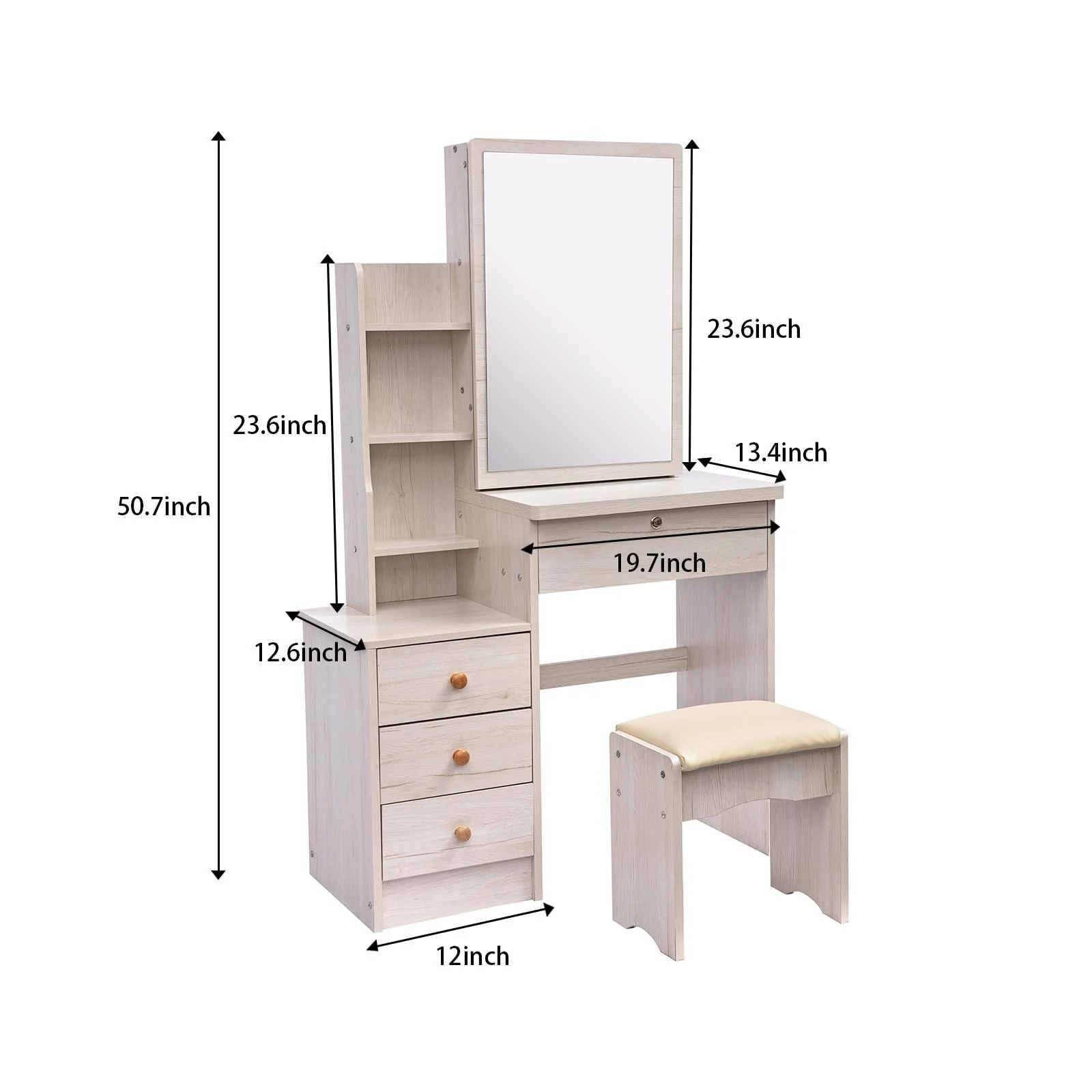 UBesGoo Vanity Set with Sliding Mirror, Makeup Vanity Dressing Table with 4 Drawers, Shelves, Dresser Desk and Cushioned Stool Set (White Oak Color)