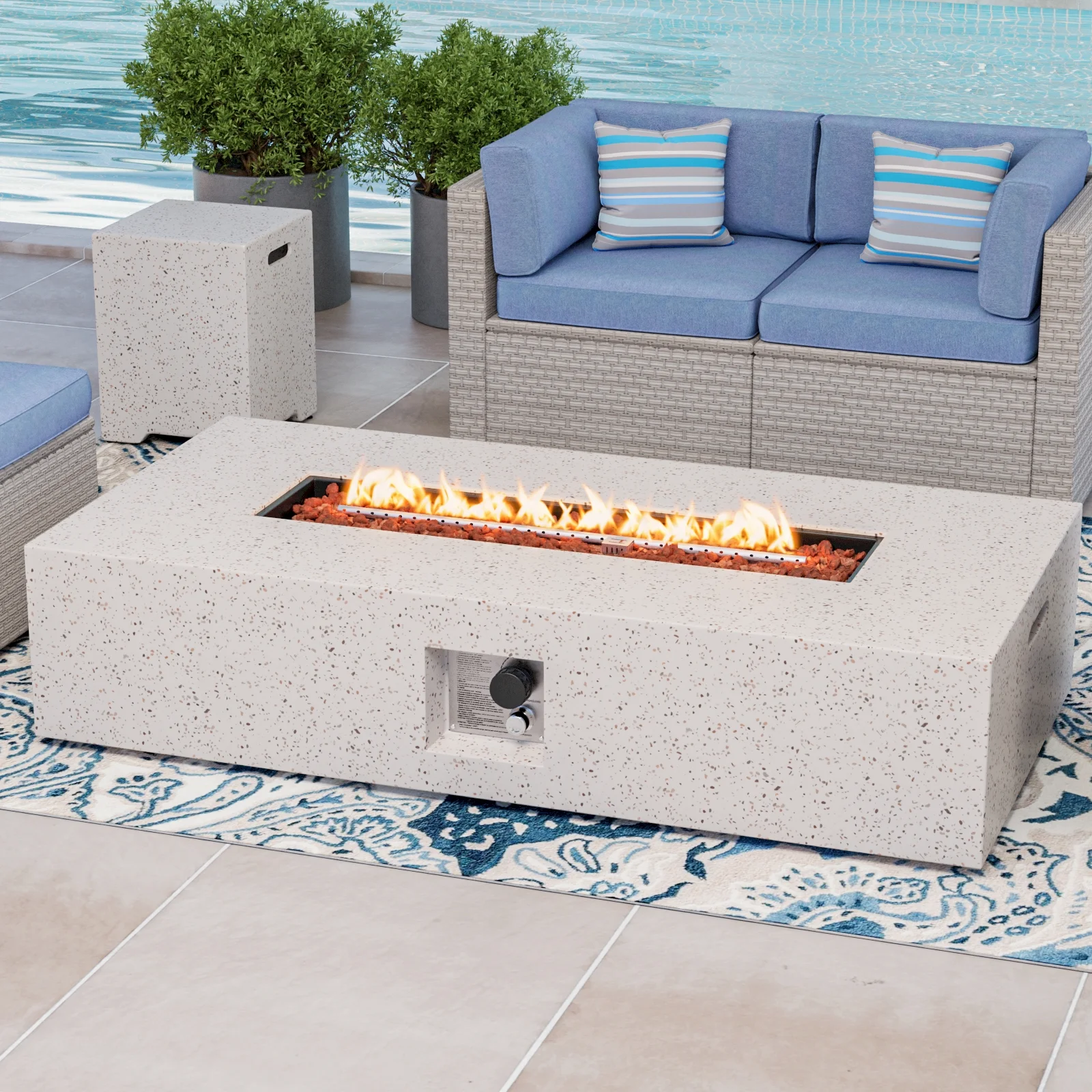 COSIEST 2-Piece Outdoor Rectangle Terrazzo White Propane Fire Table Set with Tank Cover Table