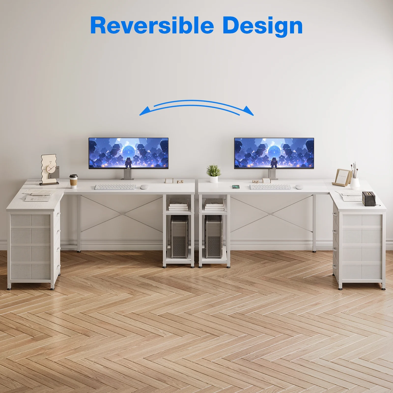 Reversible Modern Simple Style L Shaped Desk with Charging Station and Drawers, Pure Black