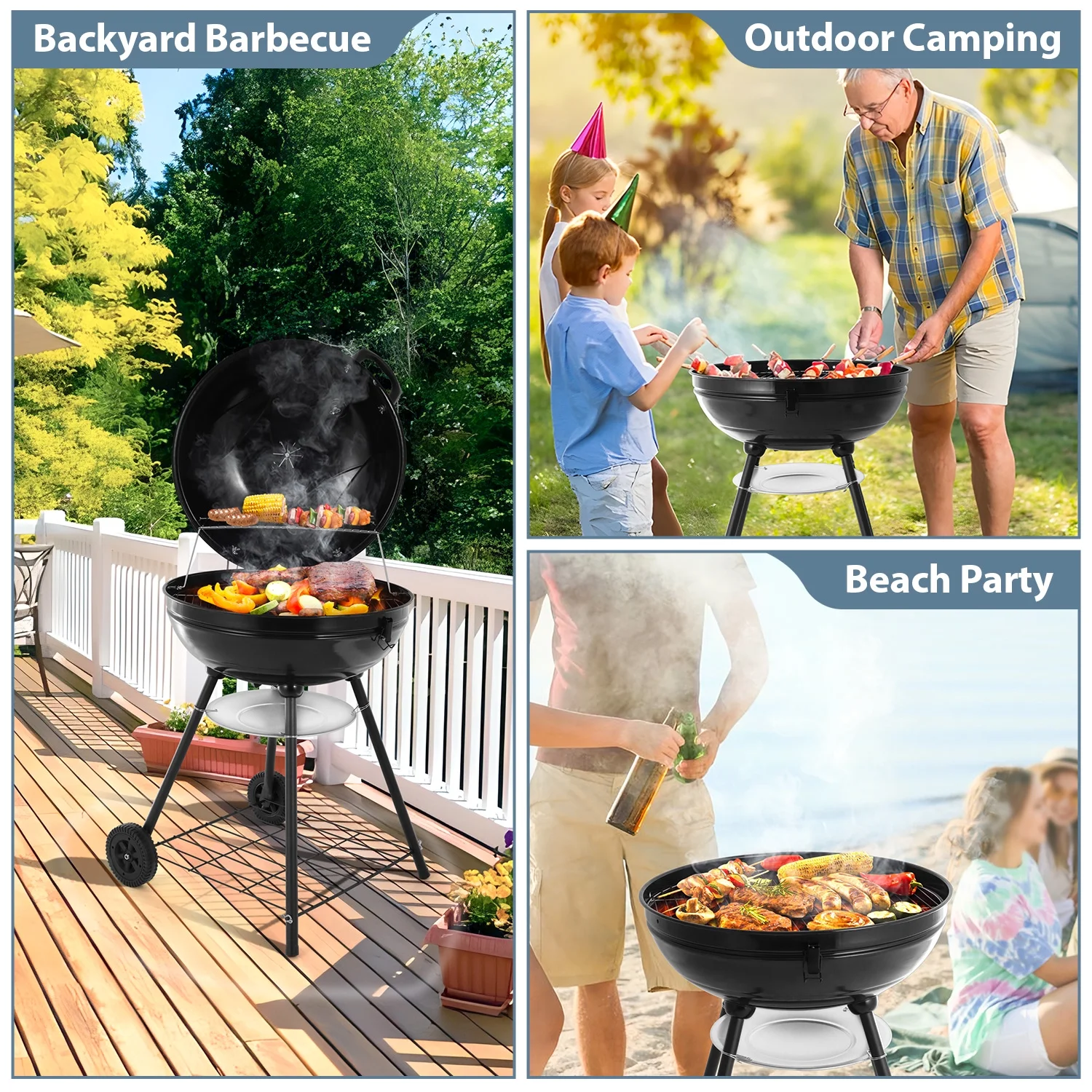 Walchoice 22 inch Charcoal Grill with Wheels & Temperature Gauge, 2 Layer Grilling Racks Heavy Duty Barbecue Grill for Backyard Camping BBQ Cooking, Black Enamel Lid & Bowl