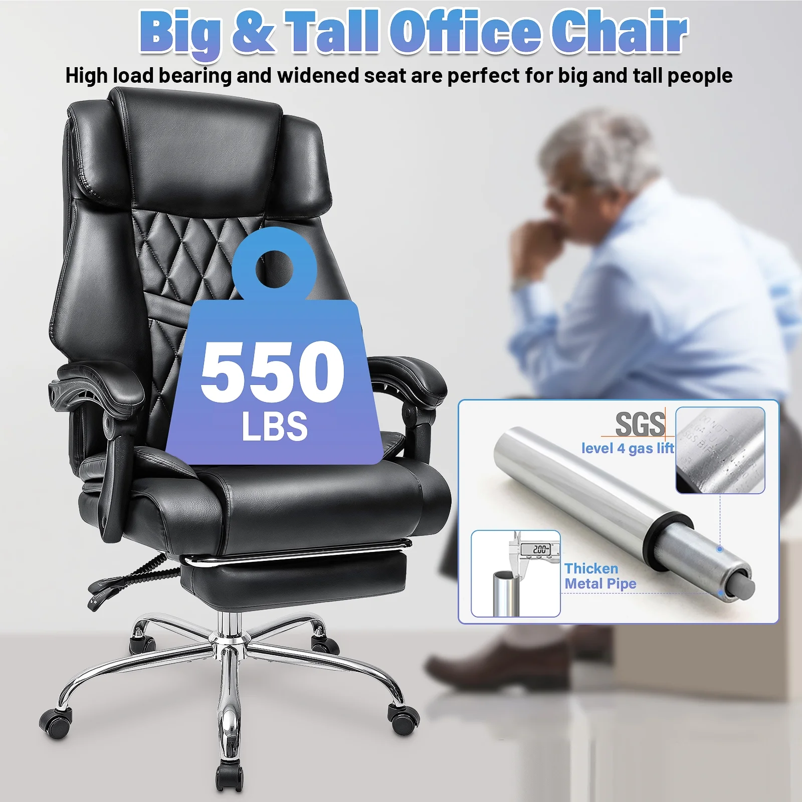 Hoffree Executive Office Chair Big and Tall Office Chair 550lb Wide Seat Ergonomic Computer Desk Chair High Back Leather Chair with Lumbar Back Support for Home Office Black