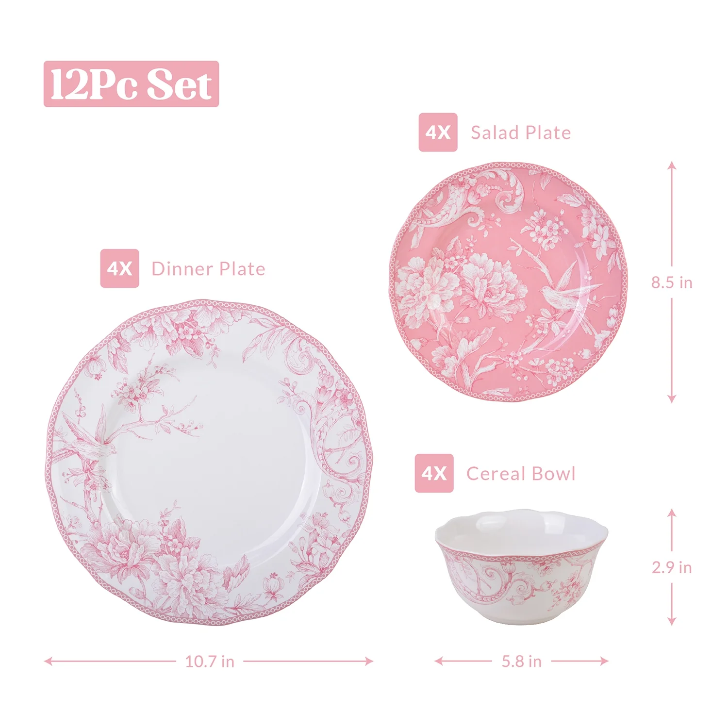 222 Fifth Adelaide Brown on White Porcelain 12 Piece Dinnerware Set, Plates & Bowls, Service for 4