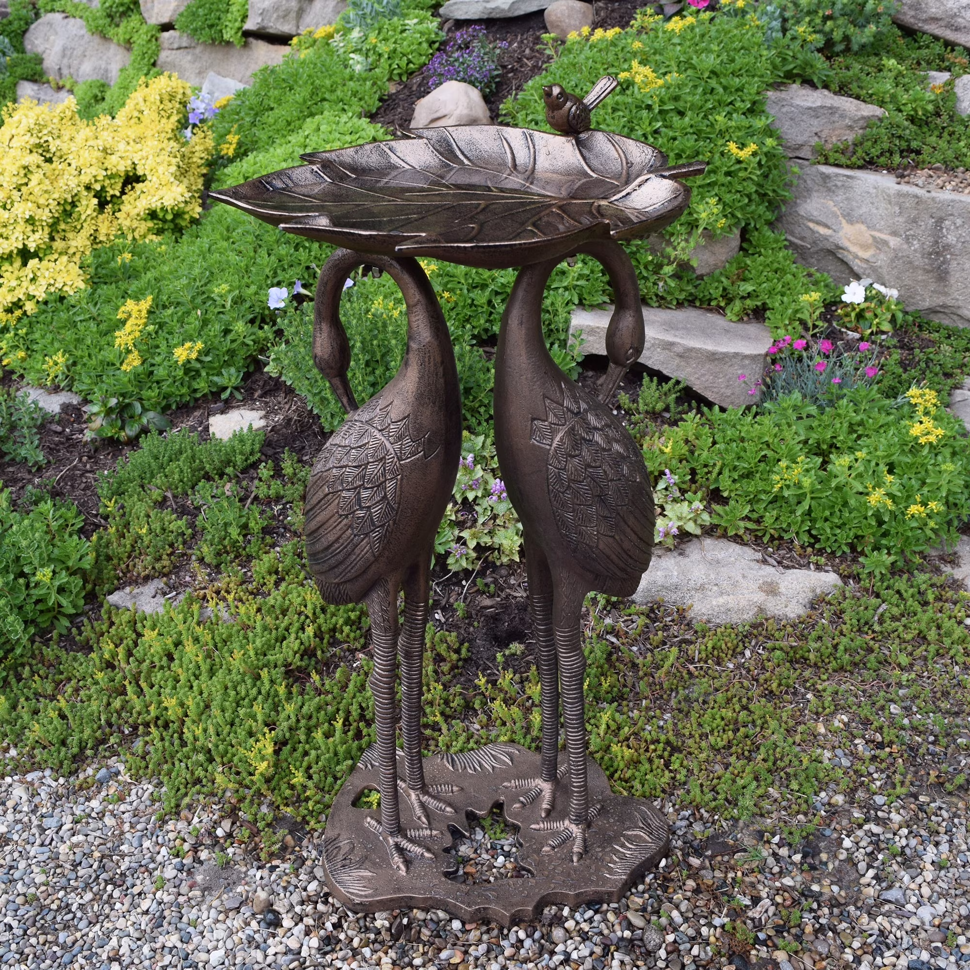 Oakland Living Corporation Cast Aluminum 30-in Twin Crane Bird Bath with Leaf Bowl Antique Pewter