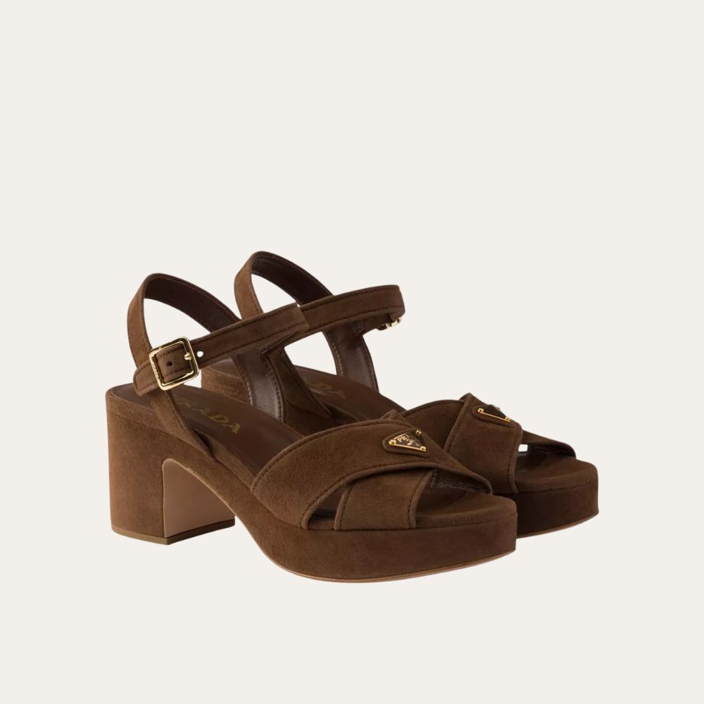 Prada Triangle Logo Platform Sandals Brown 65 mm