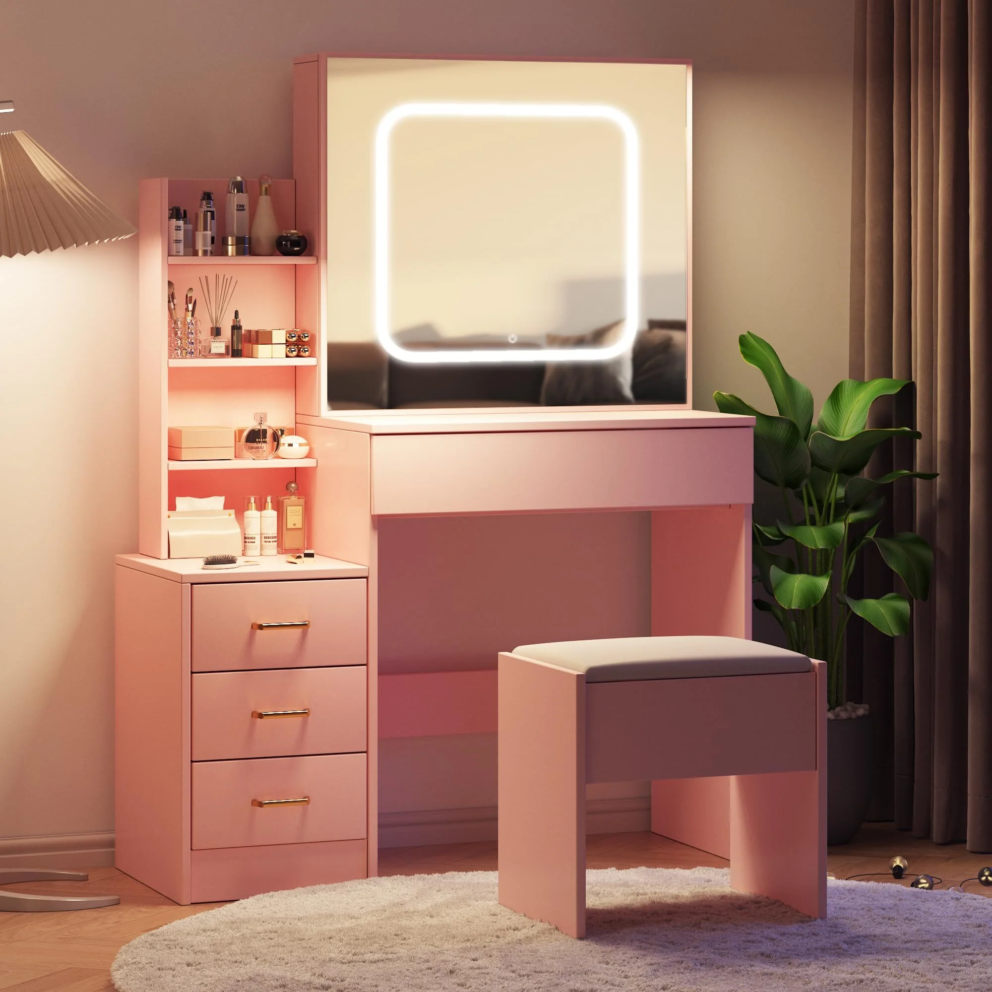 Vanity Desk with Sliding Mirror & Lights, Makeup Vanity Set with Charging Station 4 Drawers 7 Shelves, Large Vanity Set with Cushioned Stool for Bedroom, White