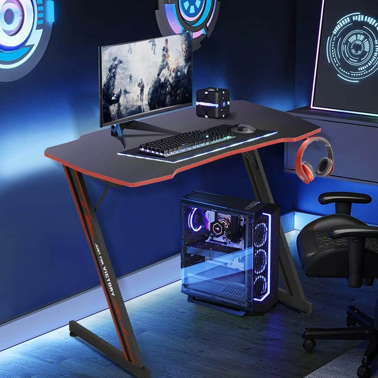NiamVelo Gaming Desk 39.4 inch Z-Shaped Computer Desk PC Computer Table Home Office Desk Ergonomic Gamer Workstation with Headphone Hook, Red