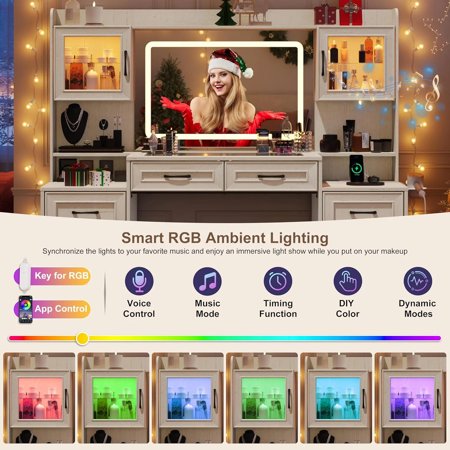 ChVans 62'' Large Vanity Desk with Tempered Glass Top & Charging Station, Farmhouse Makeup Vanity with 8 Storage Drawers & 2 LED Glass Storage Cabinets & 3 Lights Mode LED Mirror for Women Gift