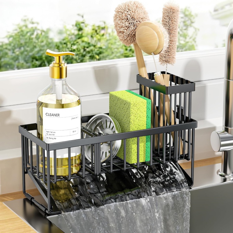 SINKLY Sink Caddy Sponge Holder for Kitchen with Brush Holder and Stainless Steel Self Drain Tray